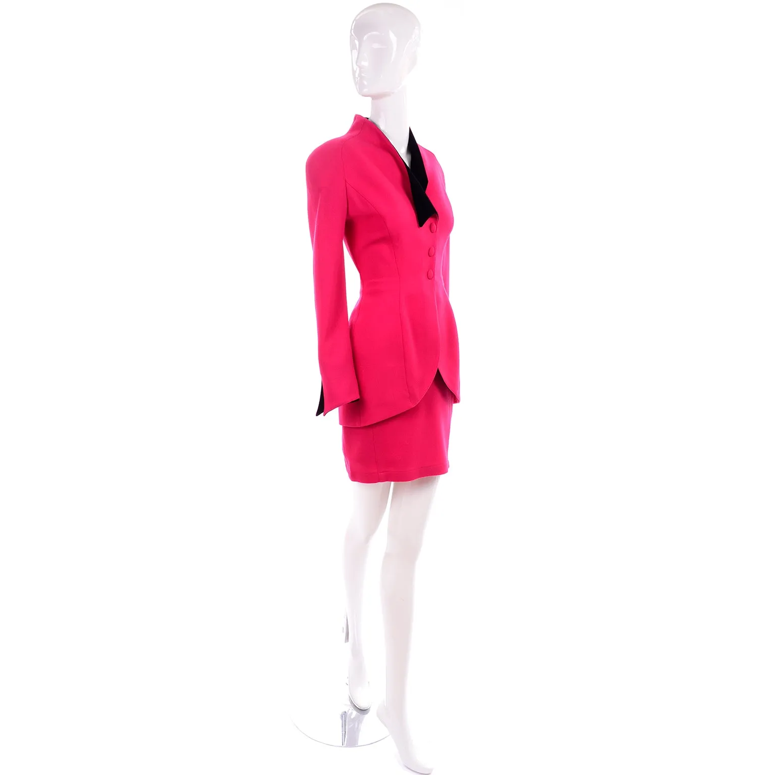 Thierry Mugler Vintage Strawberry Red Skirt & Jacket Suit w Black Trim