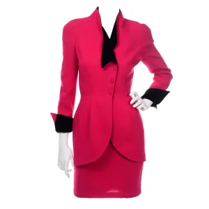 Thierry Mugler Vintage Strawberry Red Skirt & Jacket Suit w Black Trim