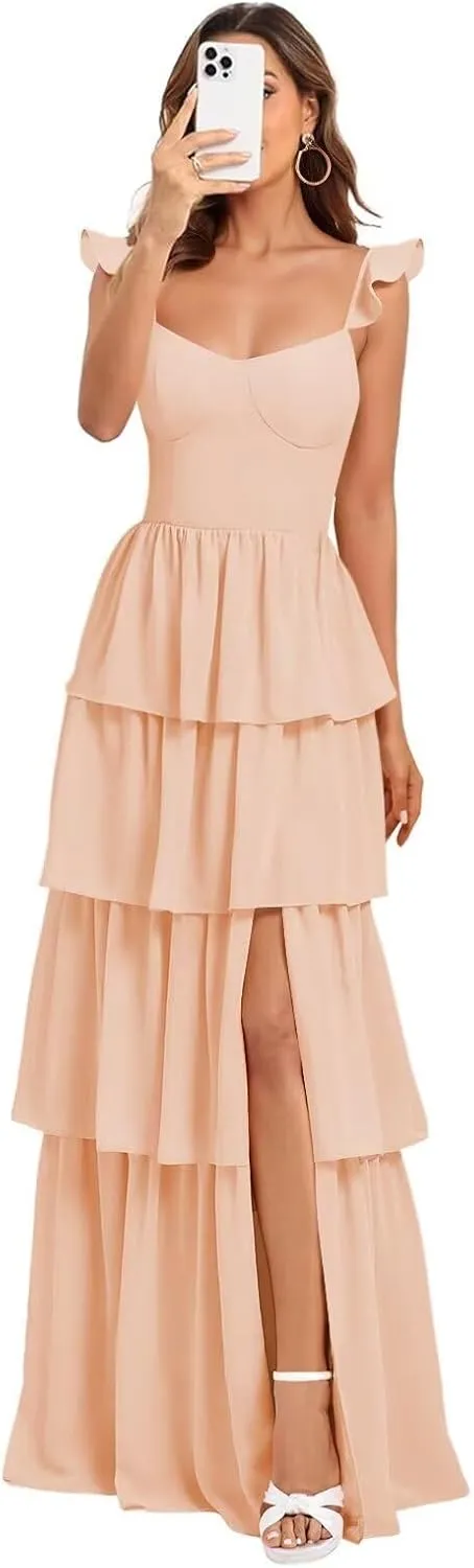 Tiered Ruffle Bridesmaid Dress 2025 Women Chiffon Long Layered Formal Wedding Guest Dress Slit