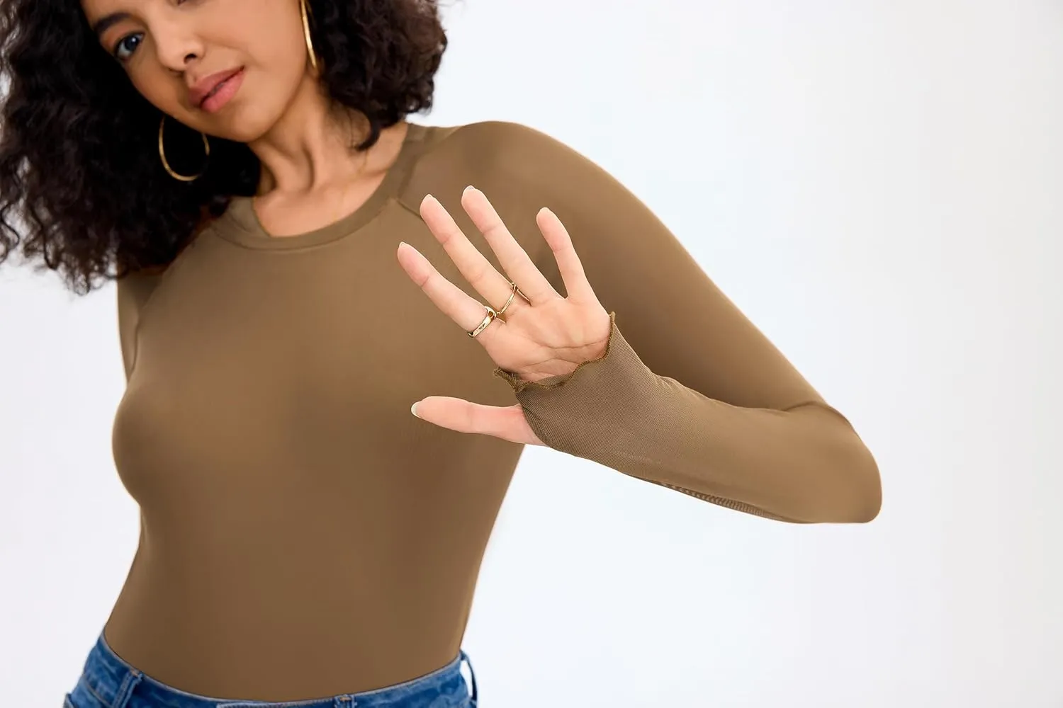 Totatuit Women Floral Mesh Long Sleeve Top Crewneck Double Lined Basic Shirts with Thumb Holes Going Out Tops