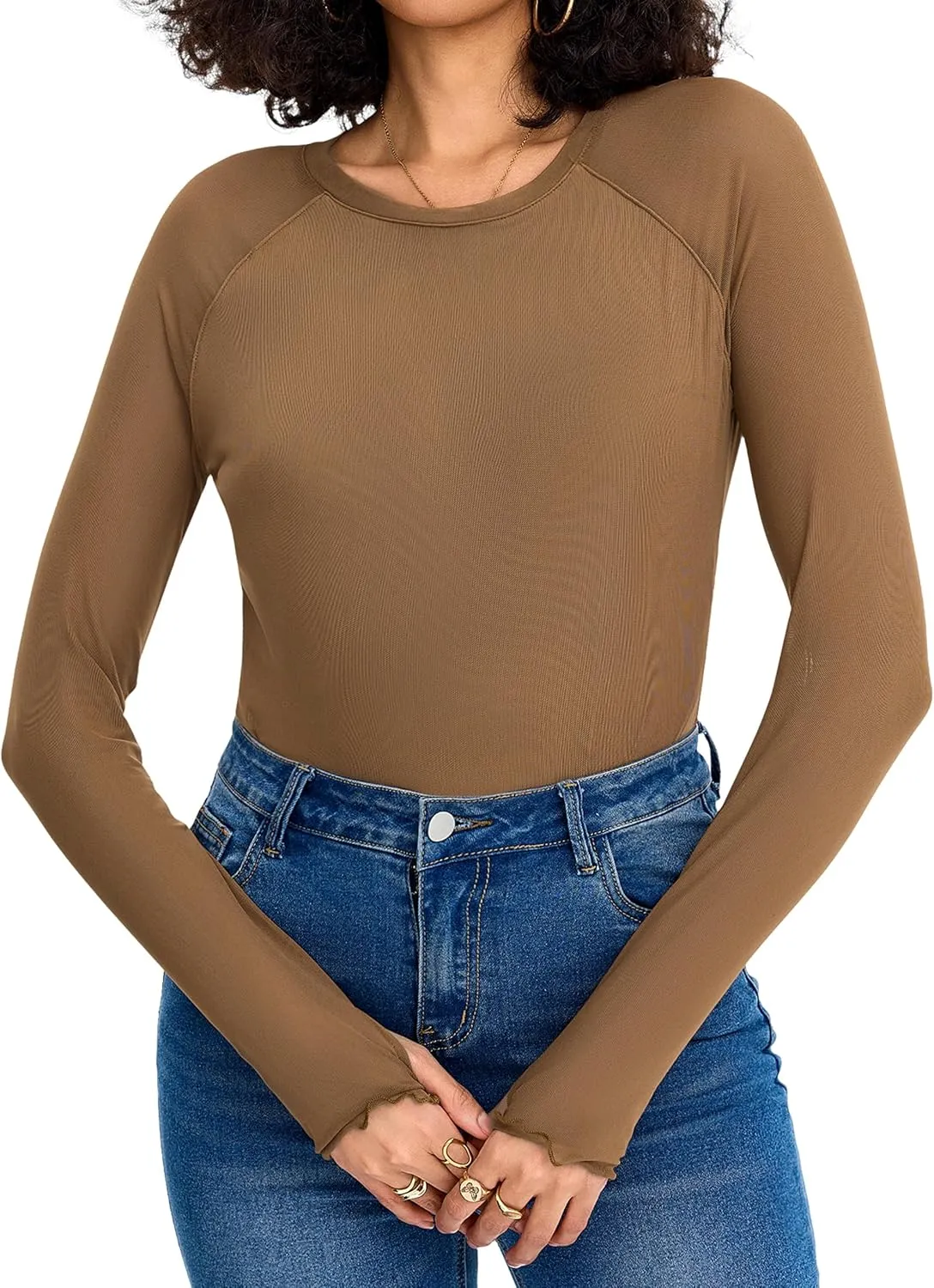 Totatuit Women Floral Mesh Long Sleeve Top Crewneck Double Lined Basic Shirts with Thumb Holes Going Out Tops