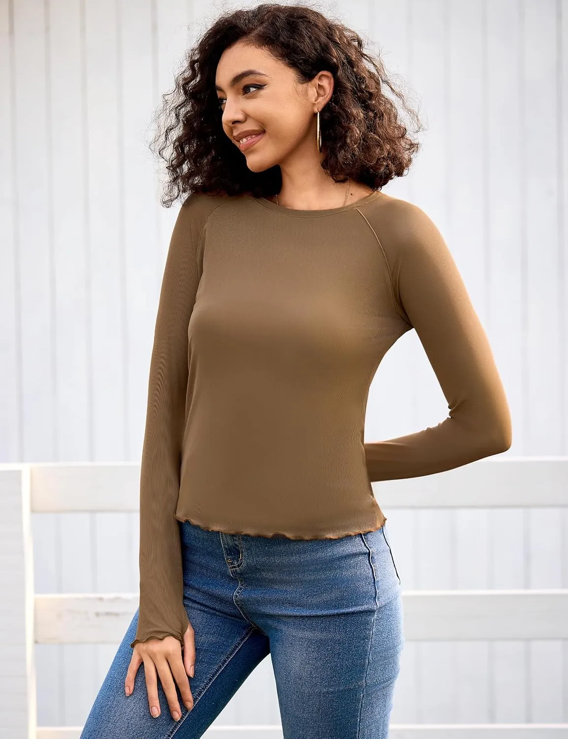 Totatuit Women Floral Mesh Long Sleeve Top Crewneck Double Lined Basic Shirts with Thumb Holes Going Out Tops