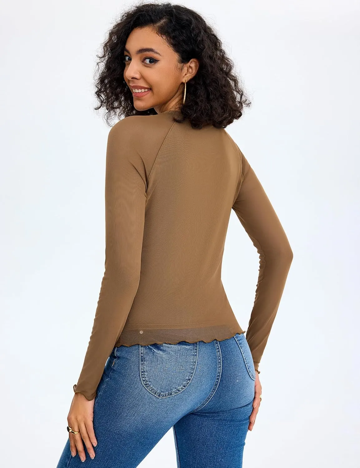 Totatuit Women Floral Mesh Long Sleeve Top Crewneck Double Lined Basic Shirts with Thumb Holes Going Out Tops