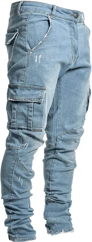 Uillui Mens Slim Fit Jeans 7 Pockets Stretch Ripped Skinny Jeans Moto Biker Washed Denim Distressed Straight Leg Jeans Pants