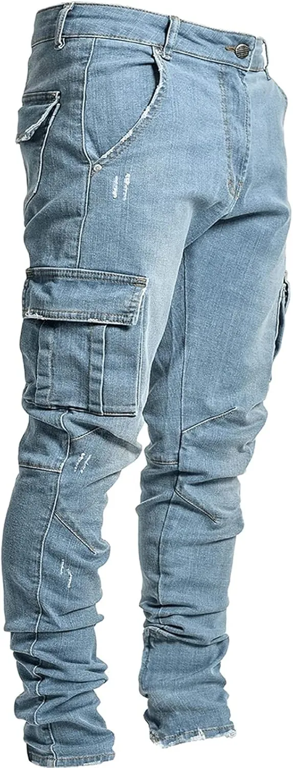 Uillui Mens Slim Fit Jeans 7 Pockets Stretch Ripped Skinny Jeans Moto Biker Washed Denim Distressed Straight Leg Jeans Pants