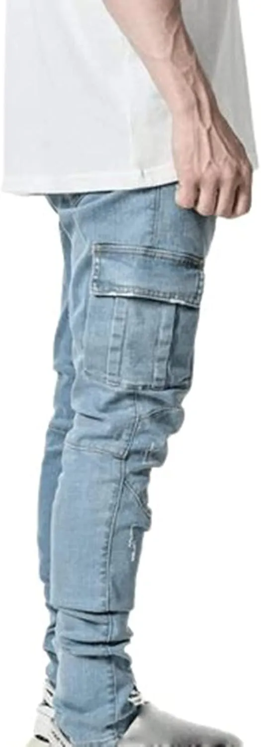 Uillui Mens Slim Fit Jeans 7 Pockets Stretch Ripped Skinny Jeans Moto Biker Washed Denim Distressed Straight Leg Jeans Pants