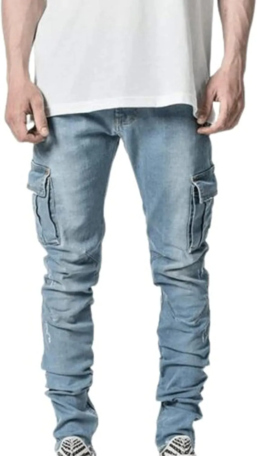 Uillui Mens Slim Fit Jeans 7 Pockets Stretch Ripped Skinny Jeans Moto Biker Washed Denim Distressed Straight Leg Jeans Pants