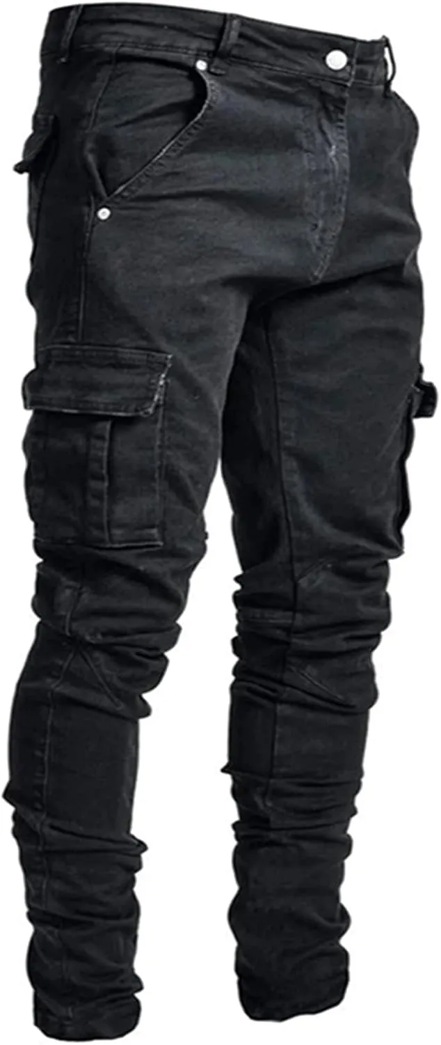 Uillui Mens Slim Fit Jeans 7 Pockets Stretch Ripped Skinny Jeans Moto Biker Washed Denim Distressed Straight Leg Jeans Pants