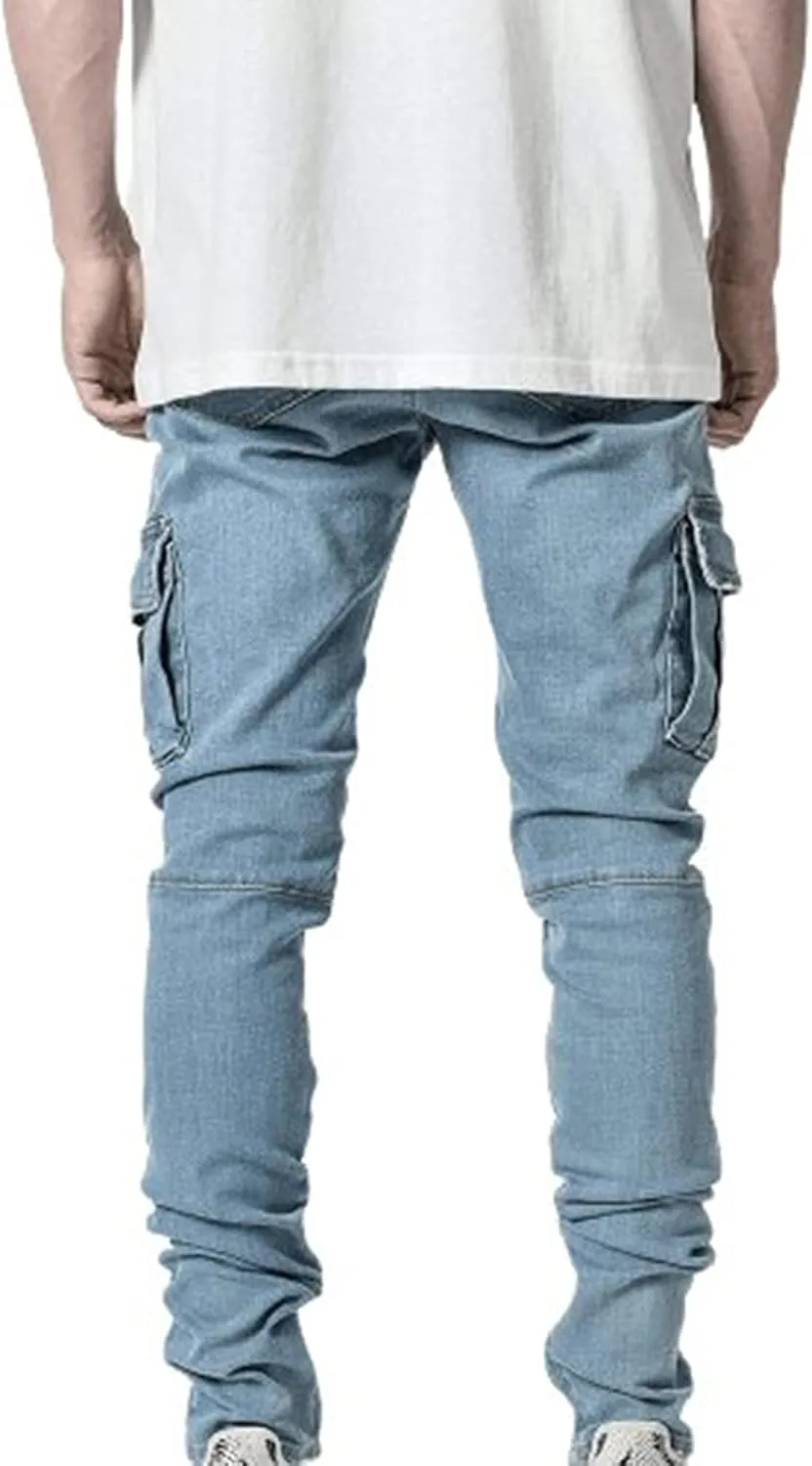 Uillui Mens Slim Fit Jeans 7 Pockets Stretch Ripped Skinny Jeans Moto Biker Washed Denim Distressed Straight Leg Jeans Pants