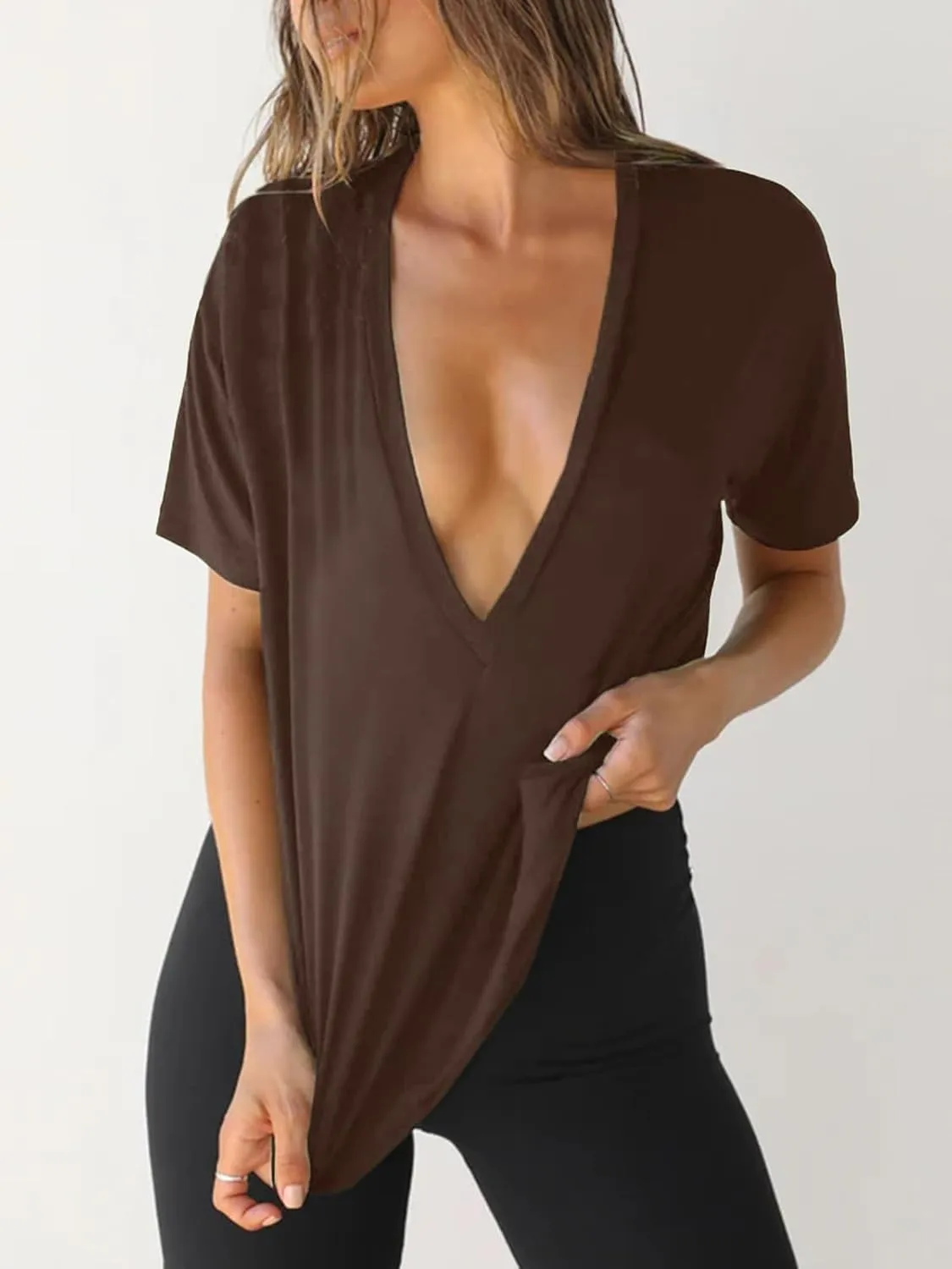 UNCLECAT Womens Deep V-Neck T Shirts Sexy Short Sleeve Tops Summer Oversized Tee