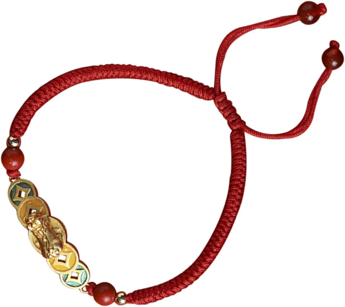 Unique Red String Bracelet Braided Coin Charm Fashionable for Daily Outfits
