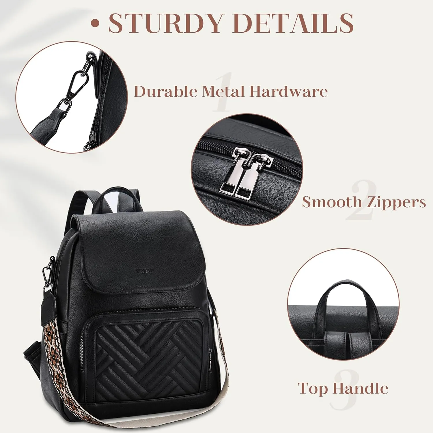 VASCHY Backpack Purse for Women, Chevron Quilted Vegen Leather Flap Backpack Convertible Handbag for Ladies with Guitar Strap Black