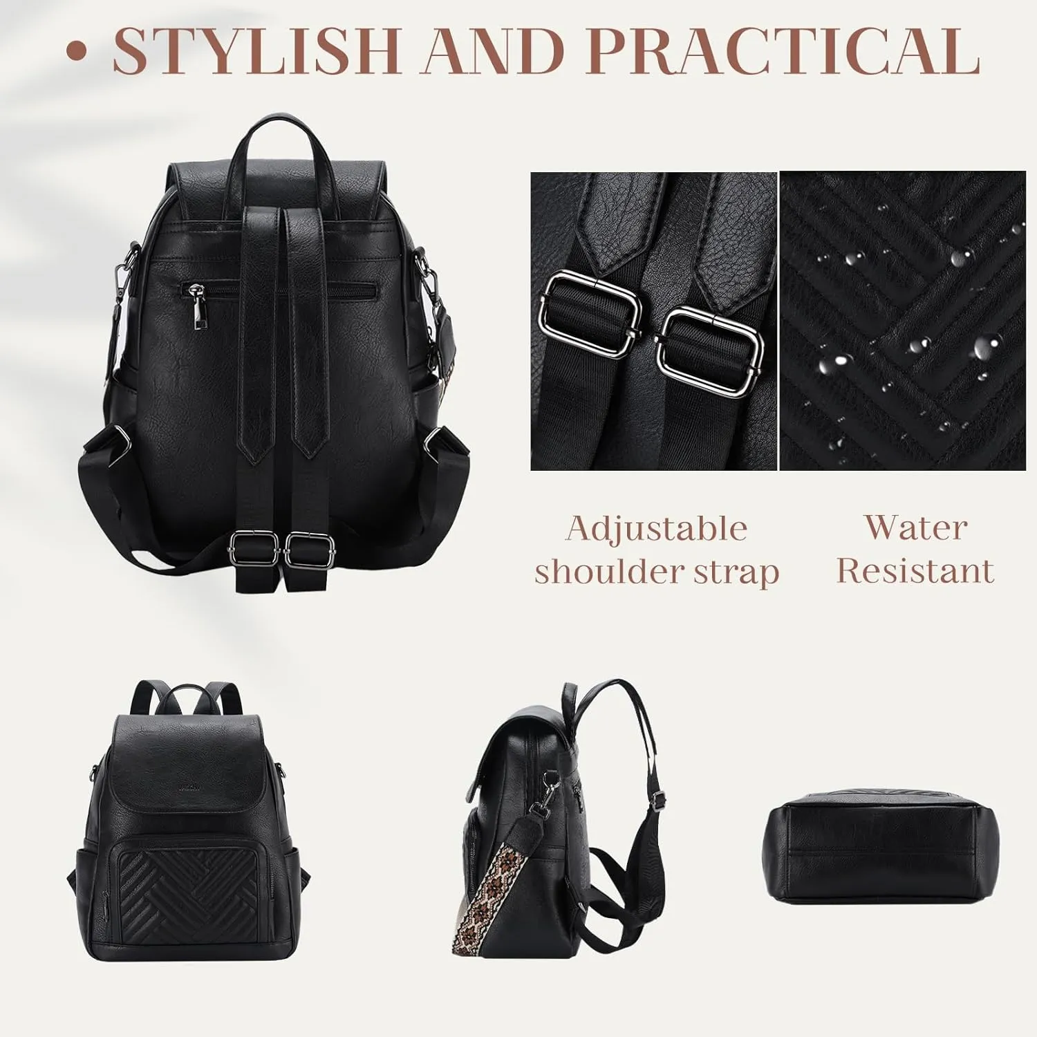 VASCHY Backpack Purse for Women, Chevron Quilted Vegen Leather Flap Backpack Convertible Handbag for Ladies with Guitar Strap Black