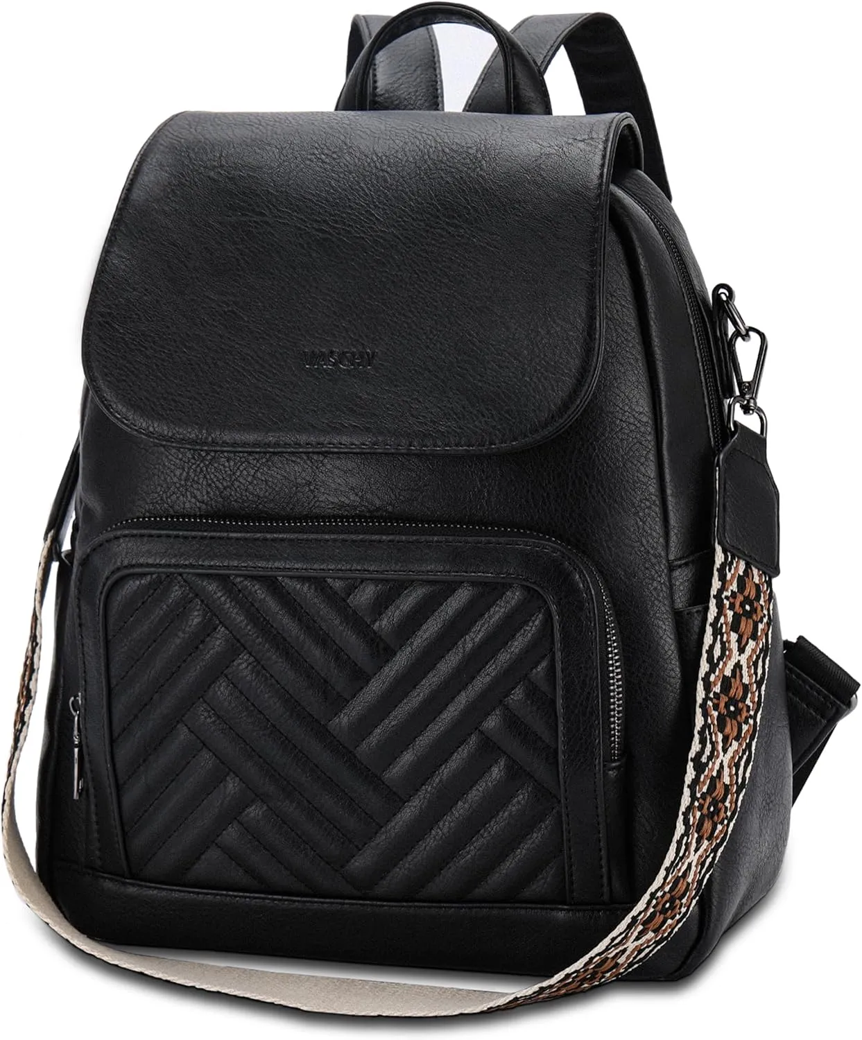 VASCHY Backpack Purse for Women, Chevron Quilted Vegen Leather Flap Backpack Convertible Handbag for Ladies with Guitar Strap Black
