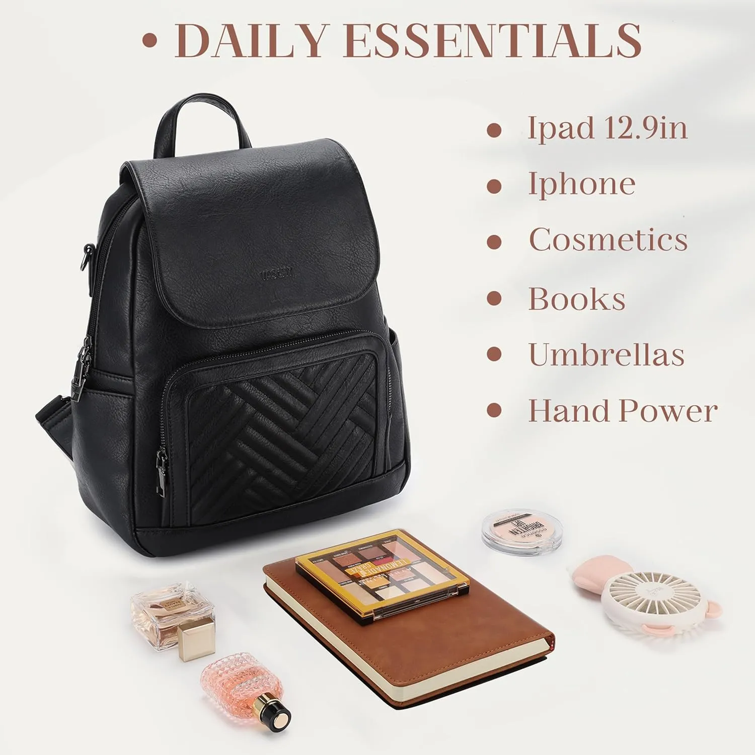VASCHY Backpack Purse for Women, Chevron Quilted Vegen Leather Flap Backpack Convertible Handbag for Ladies with Guitar Strap Black