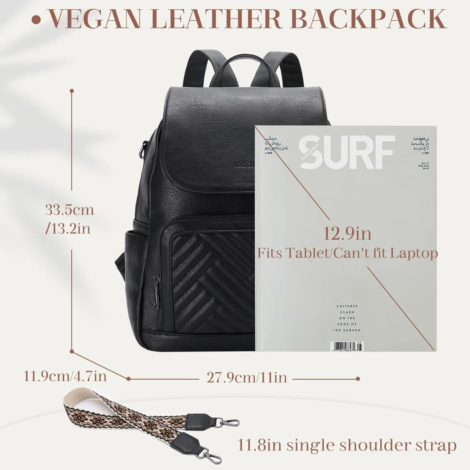 VASCHY Backpack Purse for Women, Chevron Quilted Vegen Leather Flap Backpack Convertible Handbag for Ladies with Guitar Strap Black