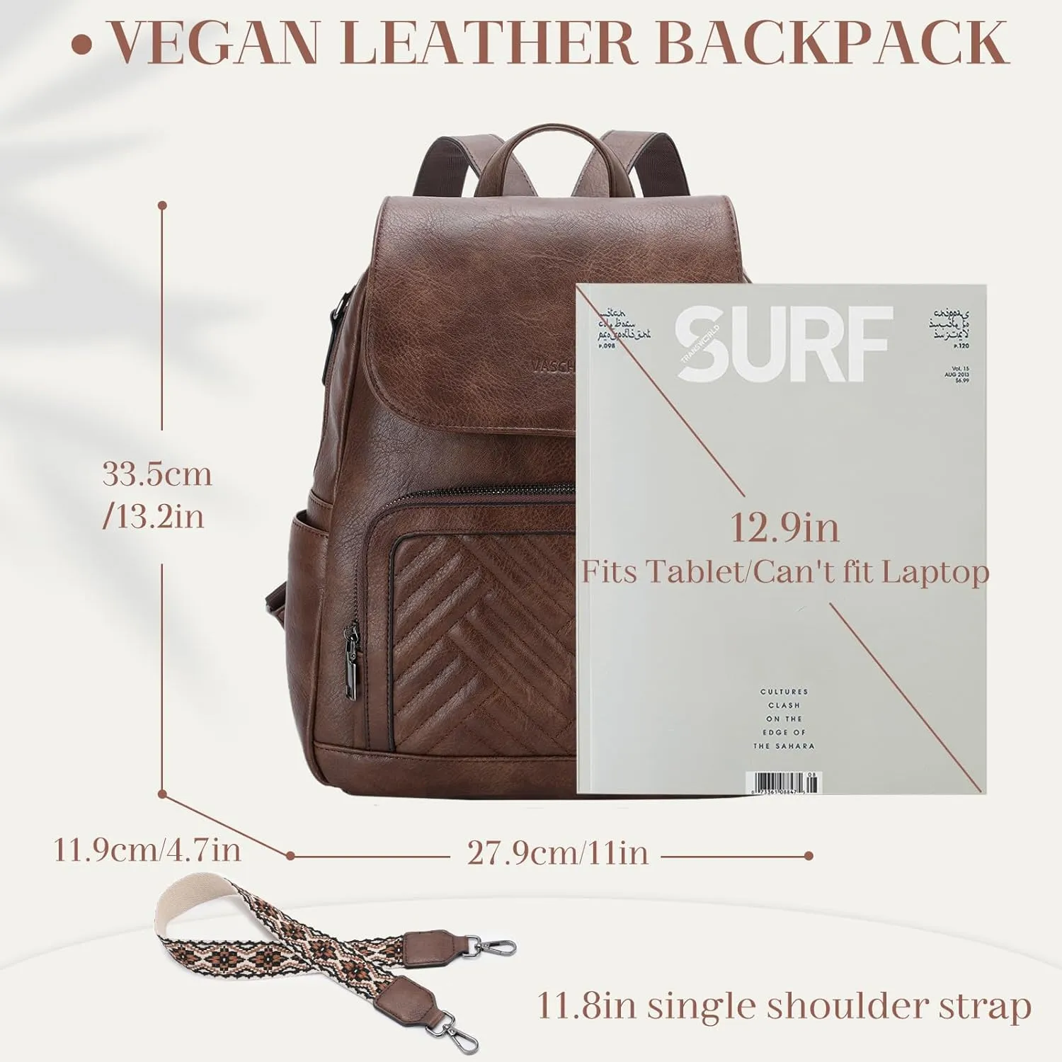 VASCHY Backpack Purse for Women, Chevron Quilted Vegen Leather Flap Backpack Convertible Handbag for Ladies with Guitar Strap Coffee