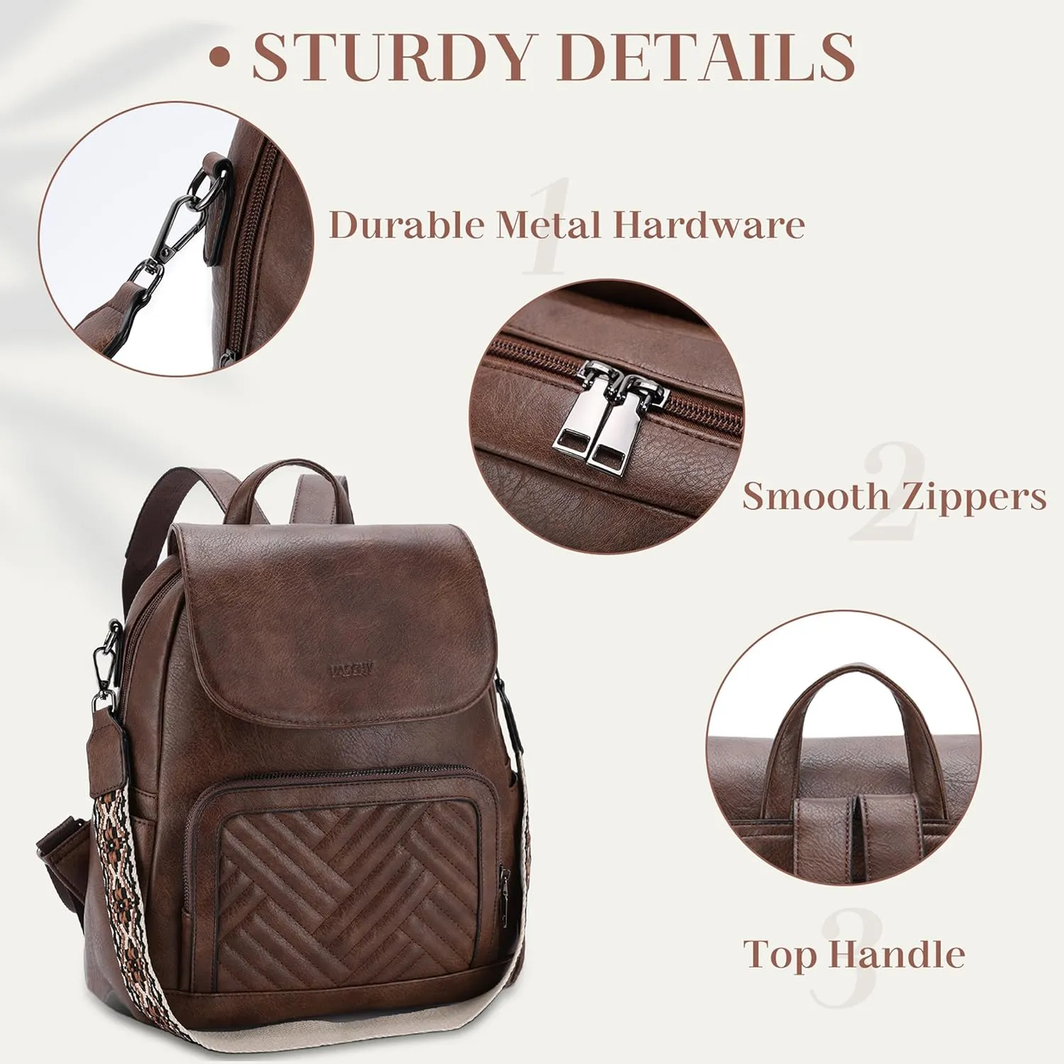 VASCHY Backpack Purse for Women, Chevron Quilted Vegen Leather Flap Backpack Convertible Handbag for Ladies with Guitar Strap Coffee