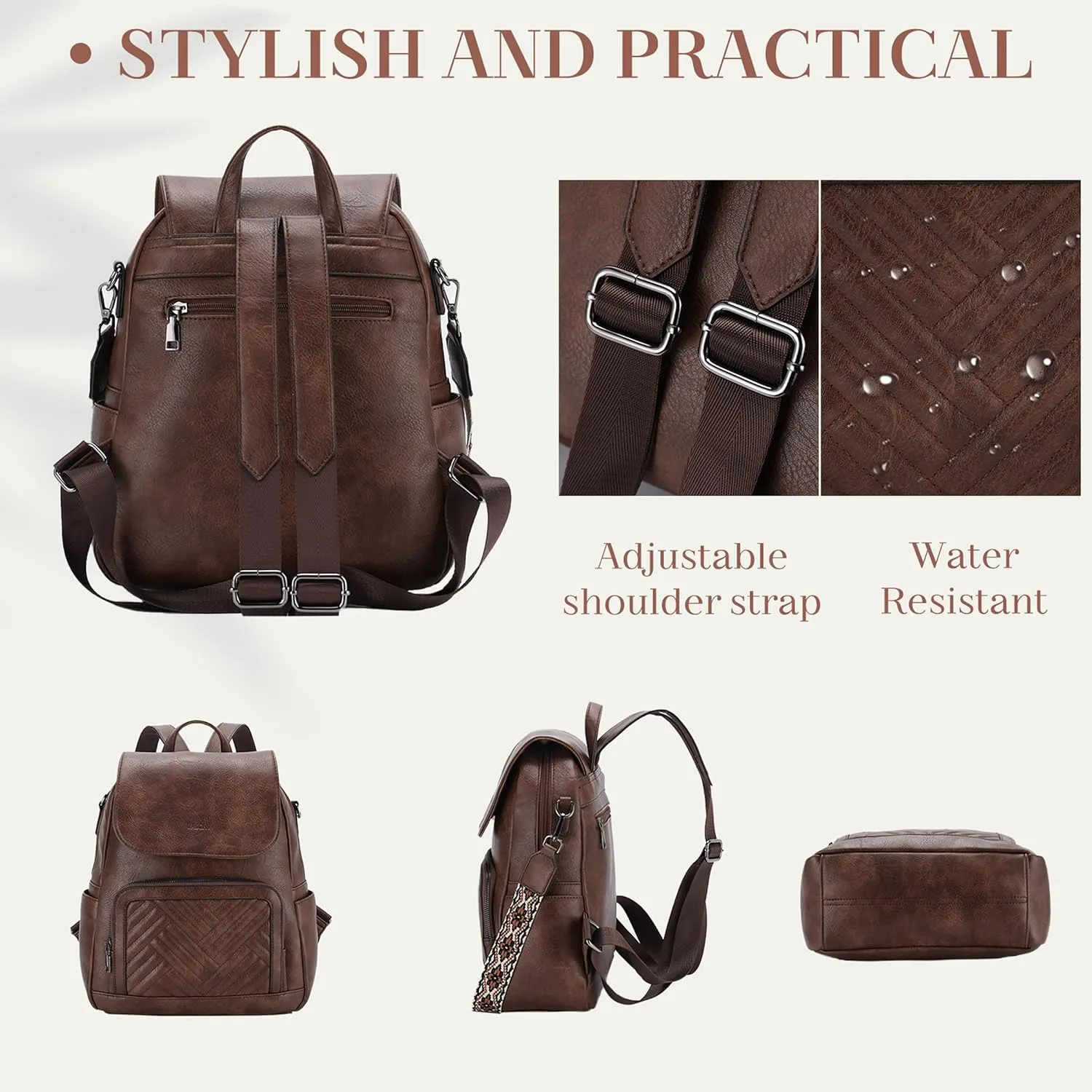 VASCHY Backpack Purse for Women, Chevron Quilted Vegen Leather Flap Backpack Convertible Handbag for Ladies with Guitar Strap Coffee