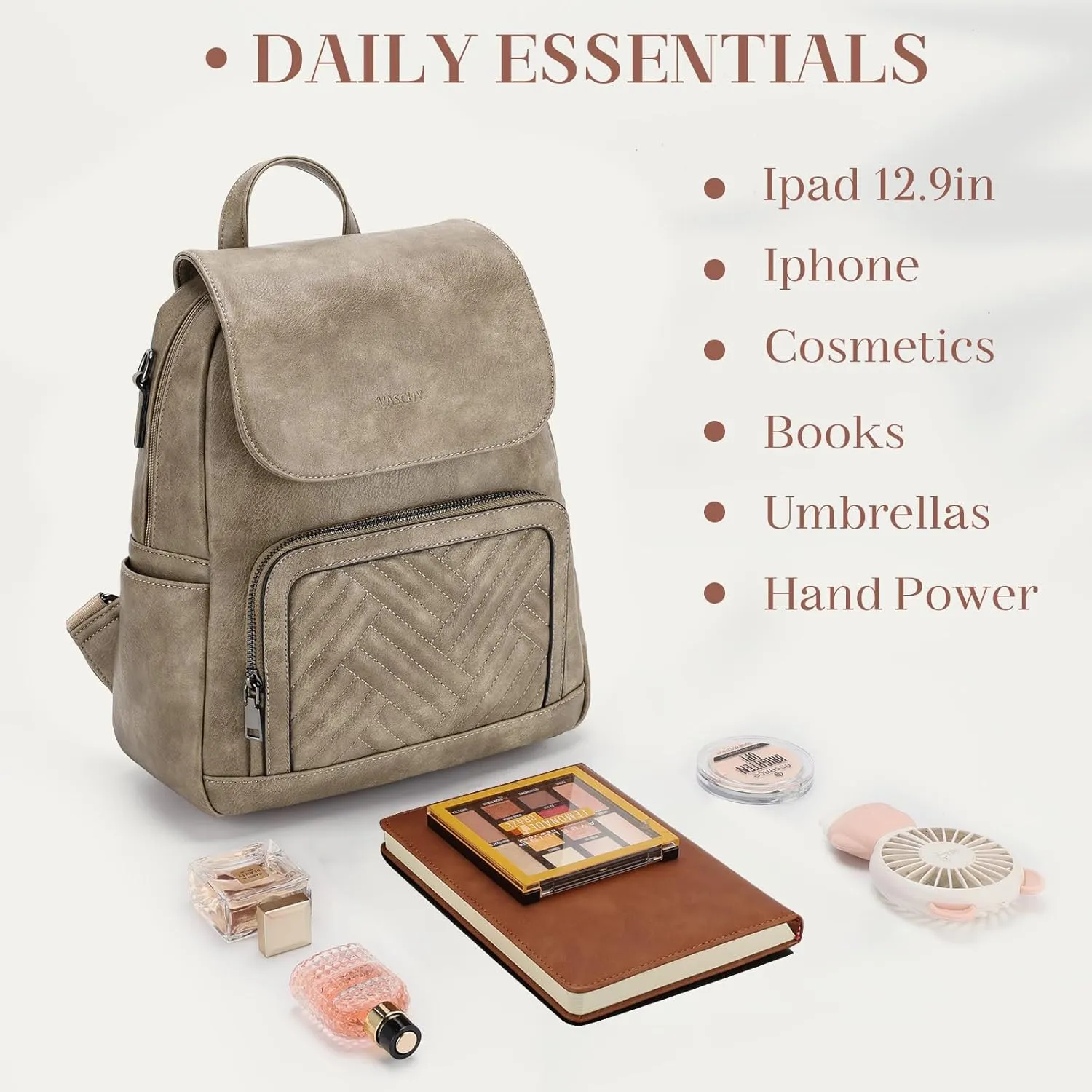 VASCHY Backpack Purse for Women, Chevron Quilted Vegen Leather Flap Backpack Convertible Handbag for Ladies with Guitar Strap Khaki