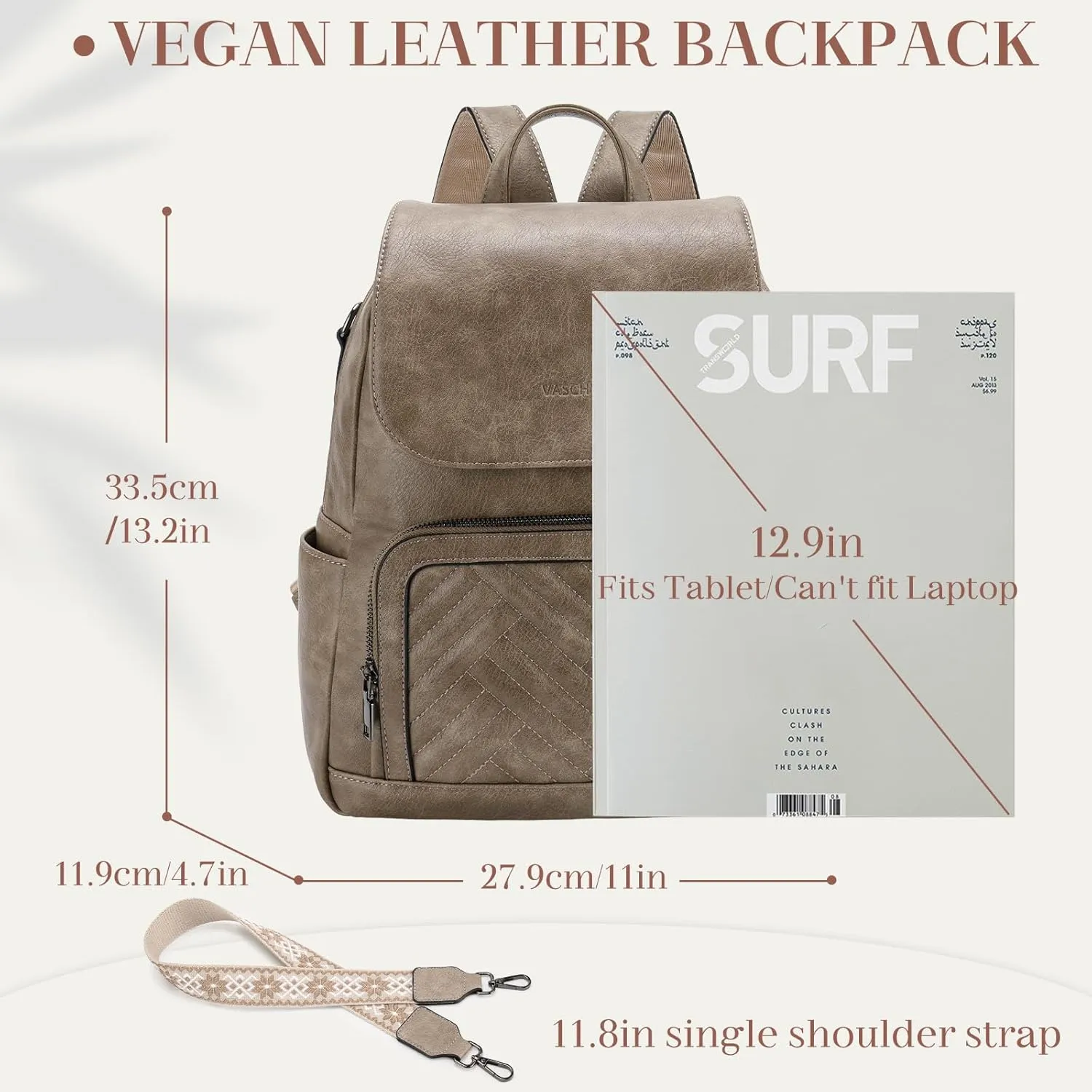 VASCHY Backpack Purse for Women, Chevron Quilted Vegen Leather Flap Backpack Convertible Handbag for Ladies with Guitar Strap Khaki