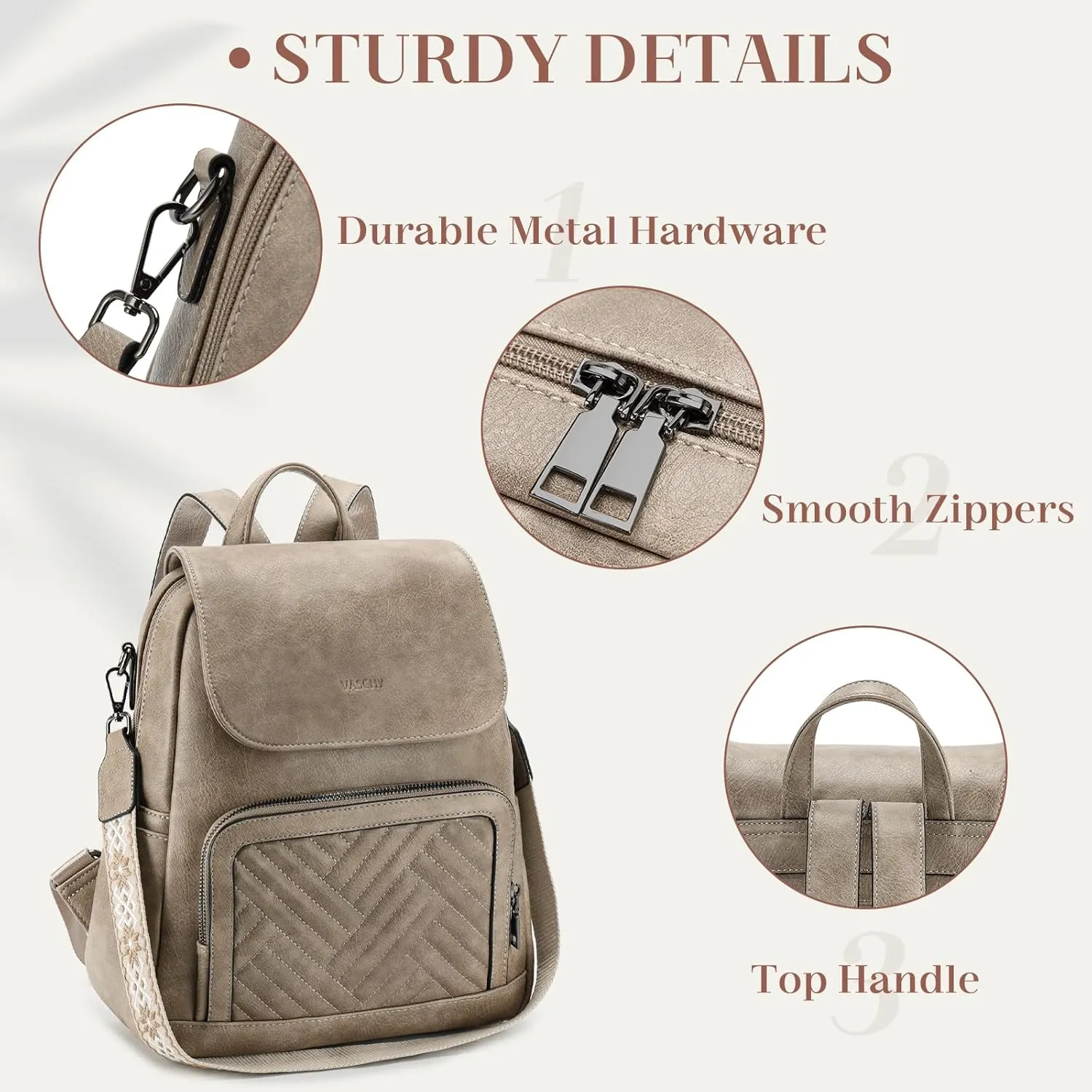 VASCHY Backpack Purse for Women, Chevron Quilted Vegen Leather Flap Backpack Convertible Handbag for Ladies with Guitar Strap Khaki