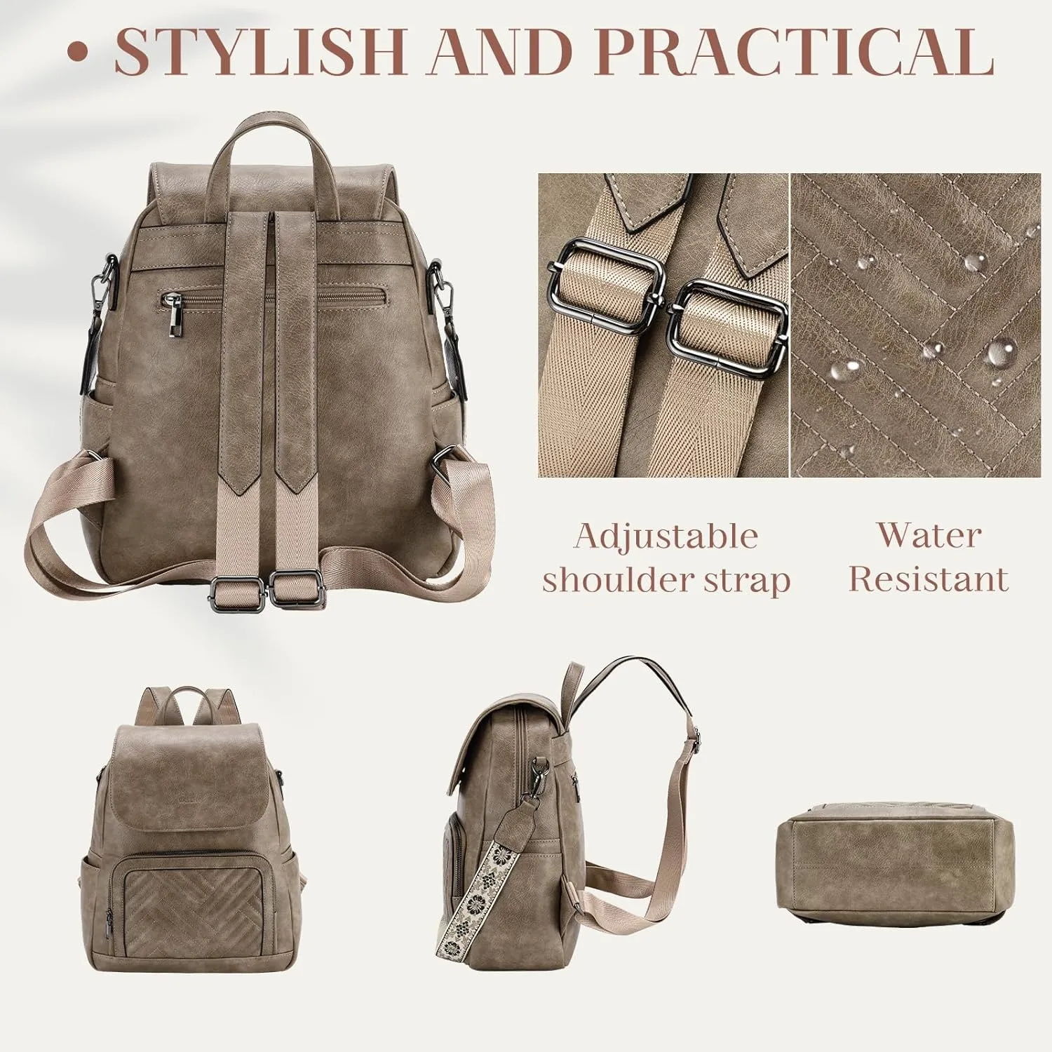 VASCHY Backpack Purse for Women, Chevron Quilted Vegen Leather Flap Backpack Convertible Handbag for Ladies with Guitar Strap Khaki