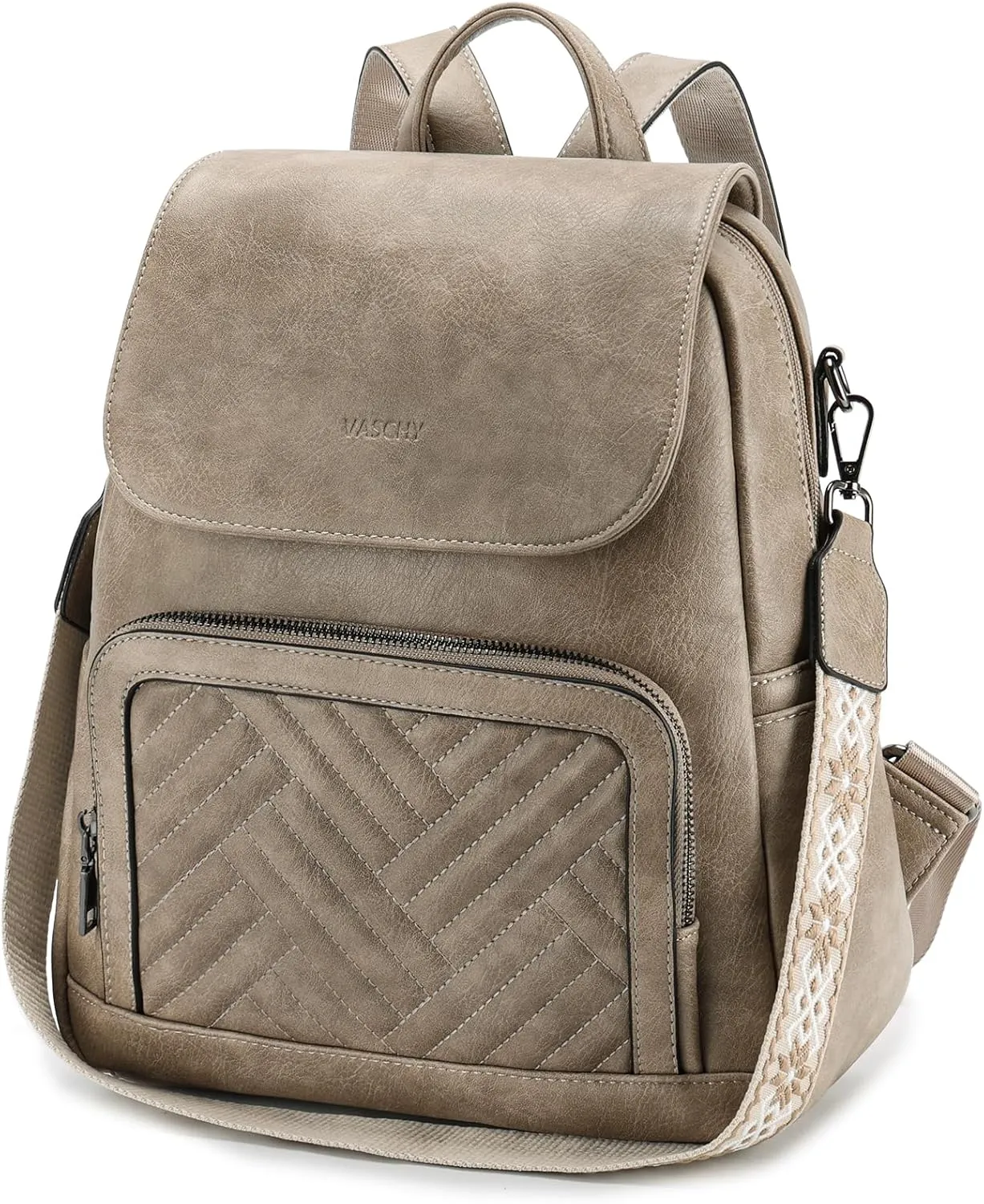 VASCHY Backpack Purse for Women, Chevron Quilted Vegen Leather Flap Backpack Convertible Handbag for Ladies with Guitar Strap Khaki