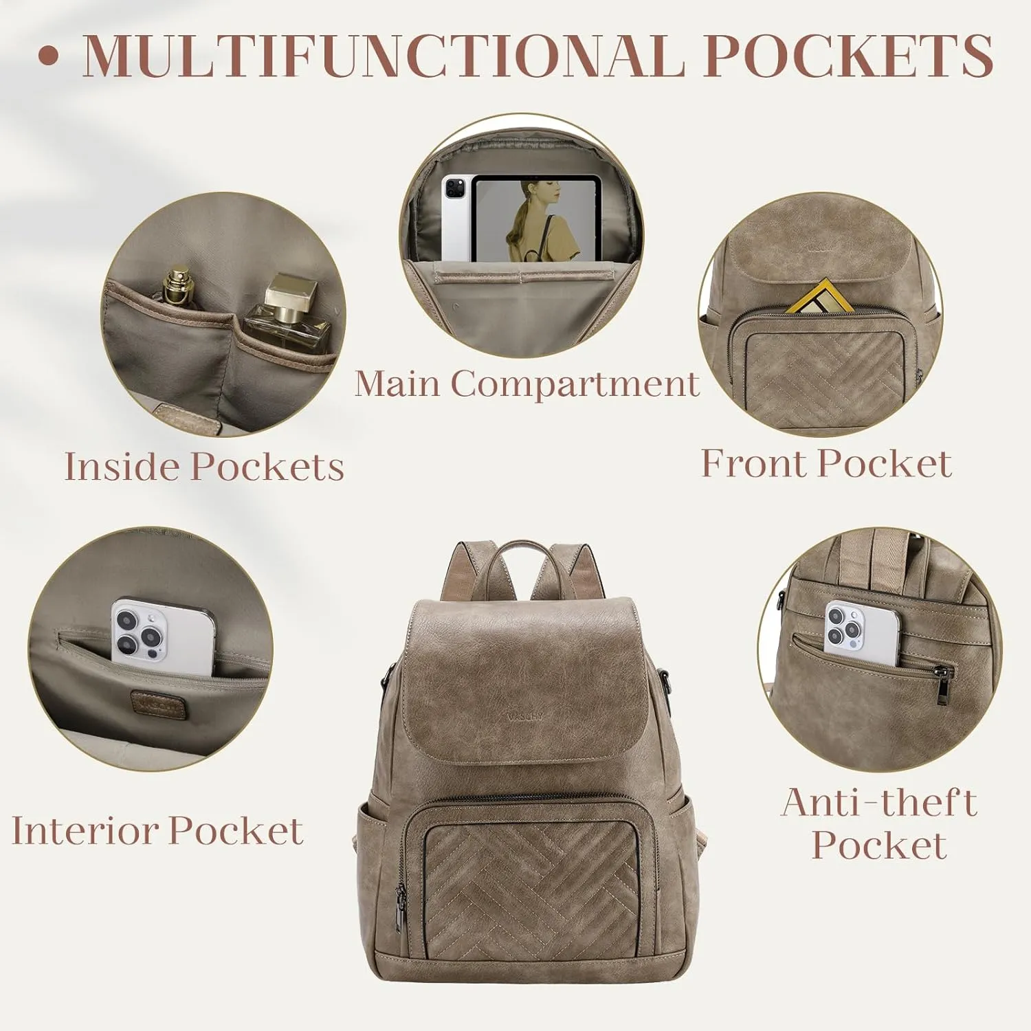 VASCHY Backpack Purse for Women, Chevron Quilted Vegen Leather Flap Backpack Convertible Handbag for Ladies with Guitar Strap Khaki