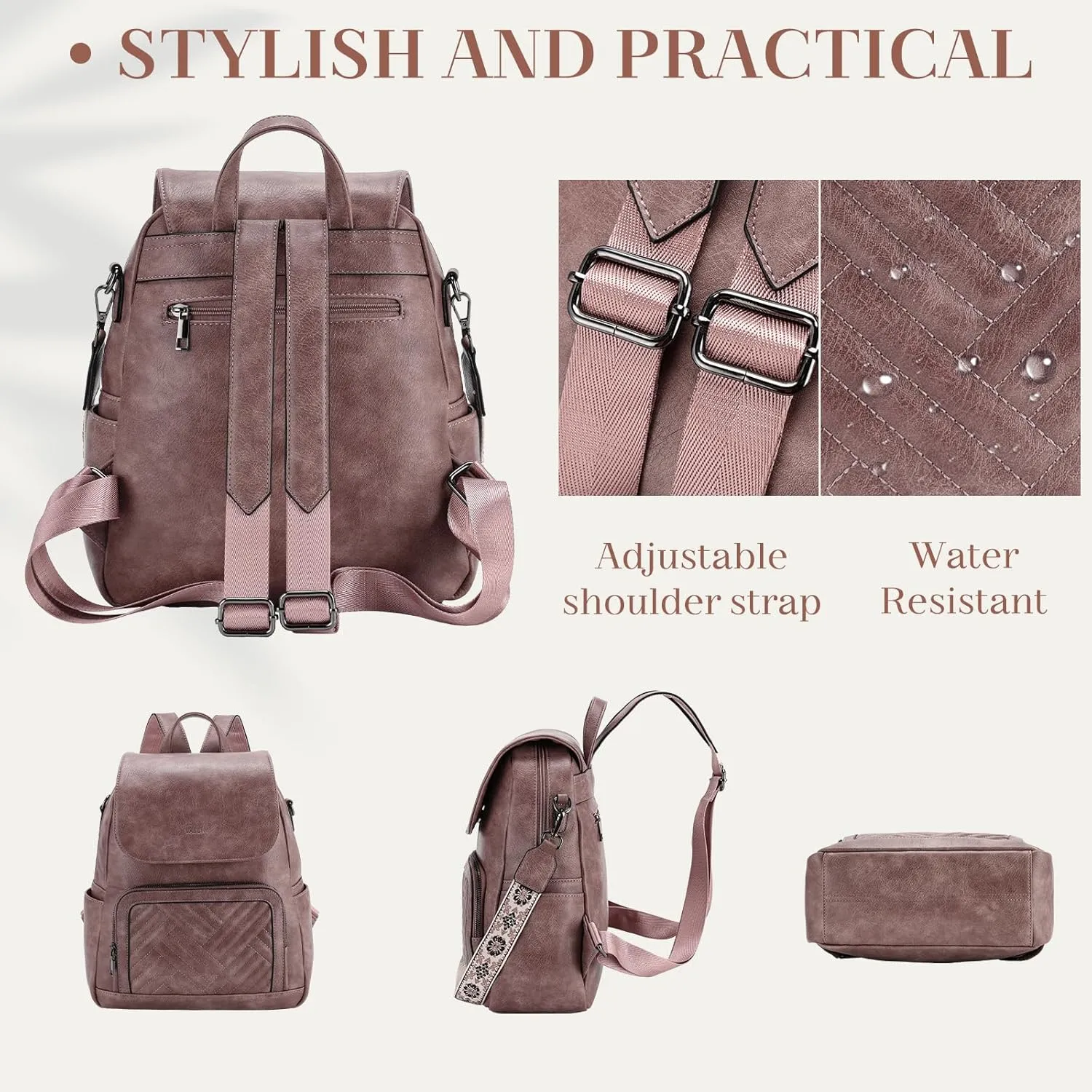 VASCHY Backpack Purse for Women, Chevron Quilted Vegen Leather Flap Backpack Convertible Handbag for Ladies with Guitar Strap Pink