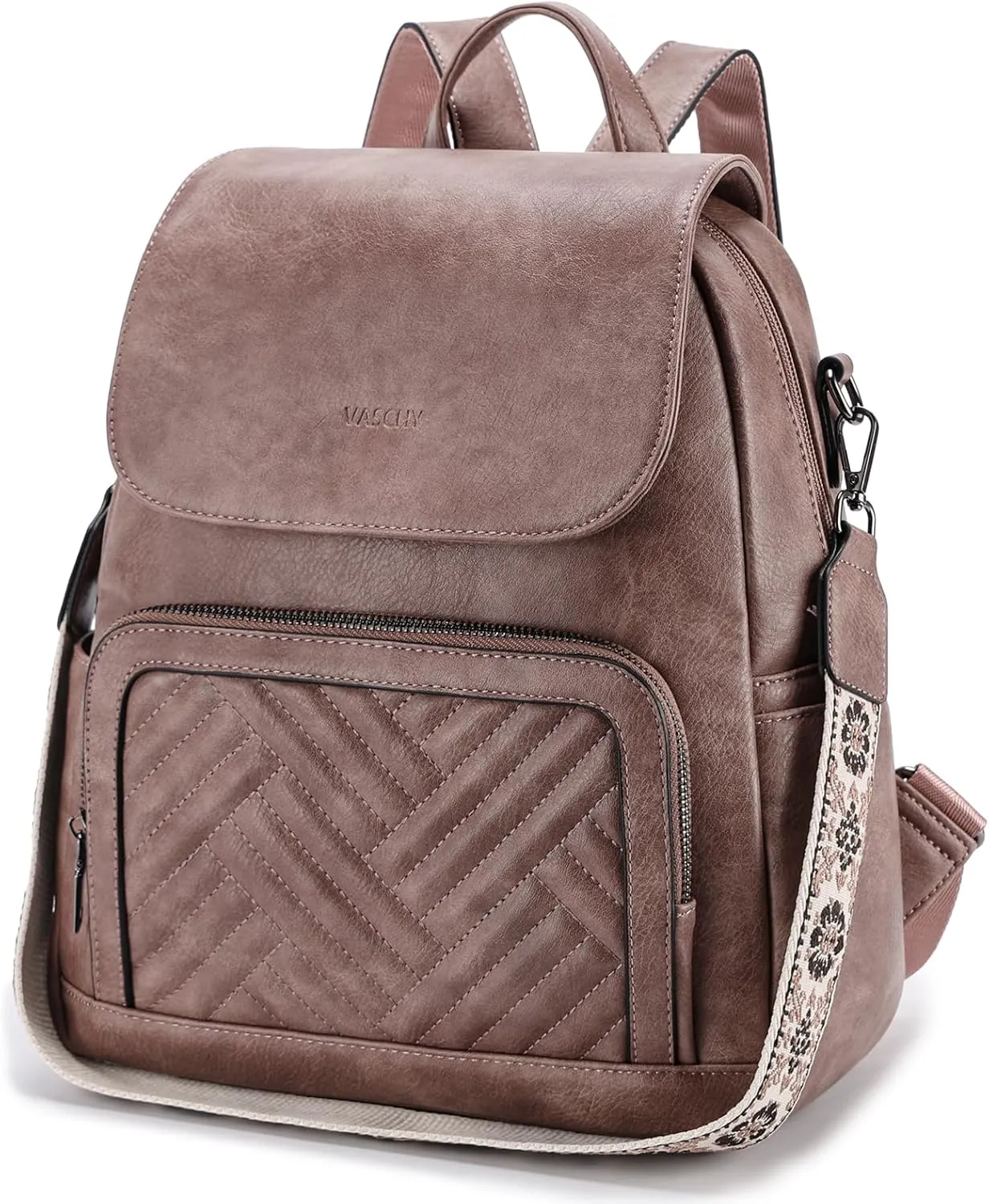 VASCHY Backpack Purse for Women, Chevron Quilted Vegen Leather Flap Backpack Convertible Handbag for Ladies with Guitar Strap Pink