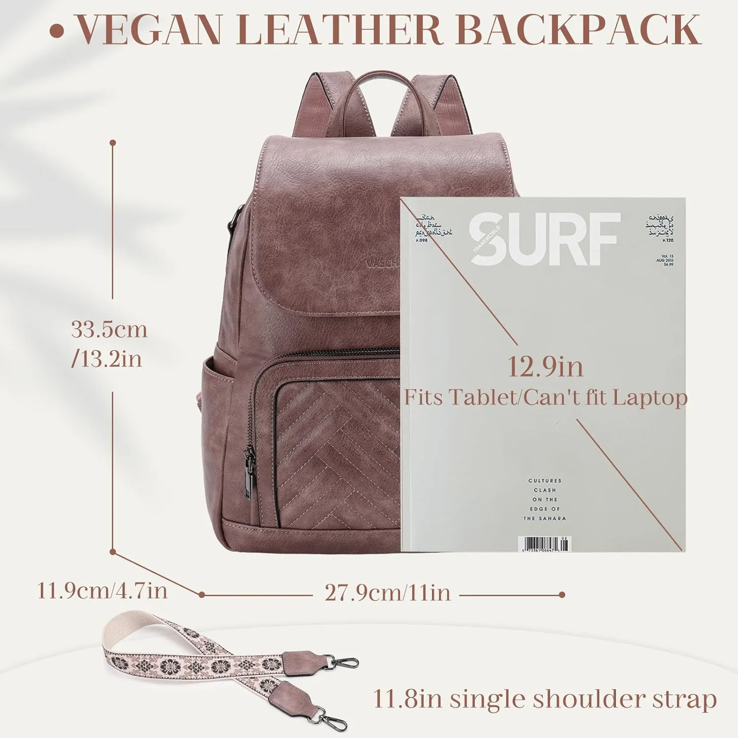 VASCHY Backpack Purse for Women, Chevron Quilted Vegen Leather Flap Backpack Convertible Handbag for Ladies with Guitar Strap Pink