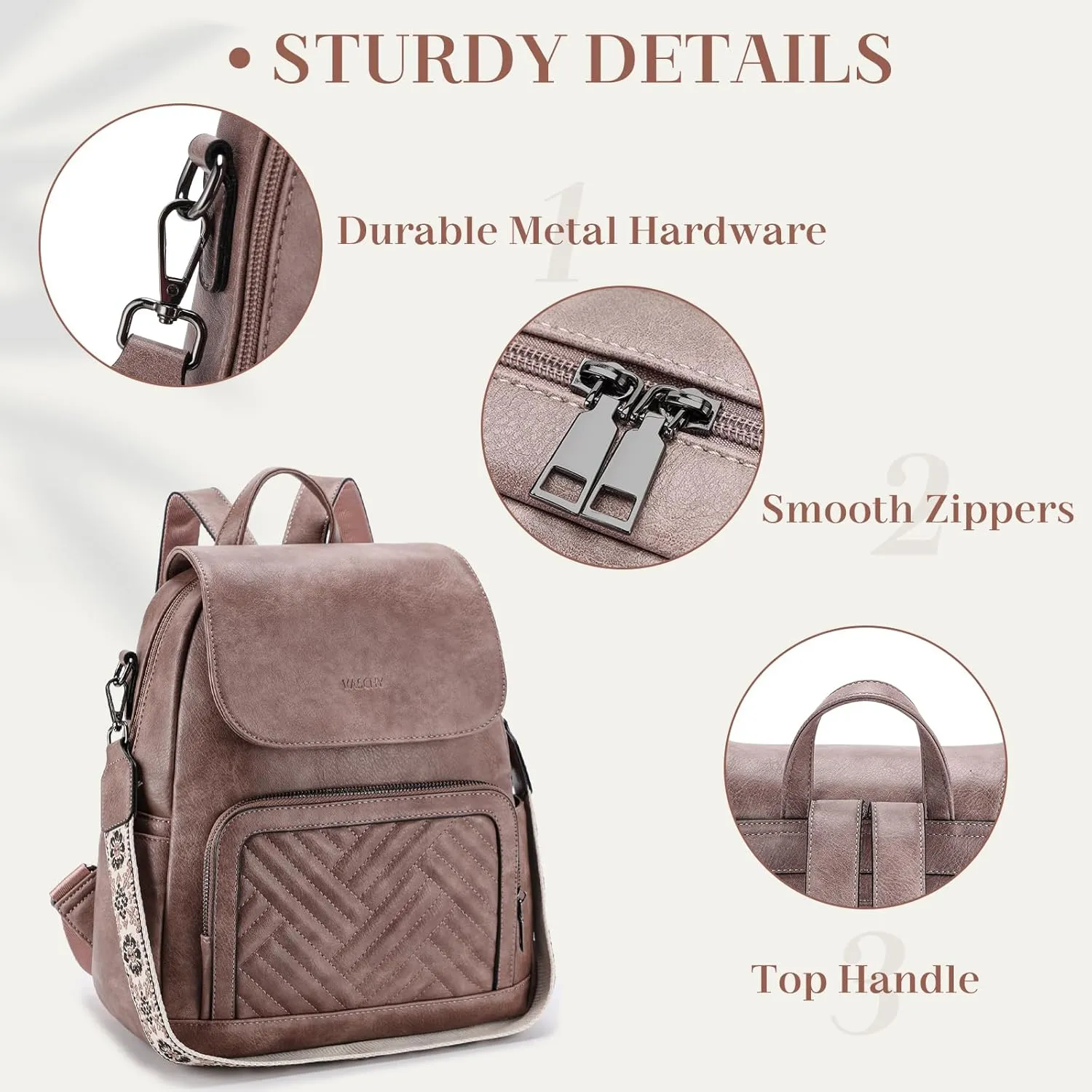 VASCHY Backpack Purse for Women, Chevron Quilted Vegen Leather Flap Backpack Convertible Handbag for Ladies with Guitar Strap Pink