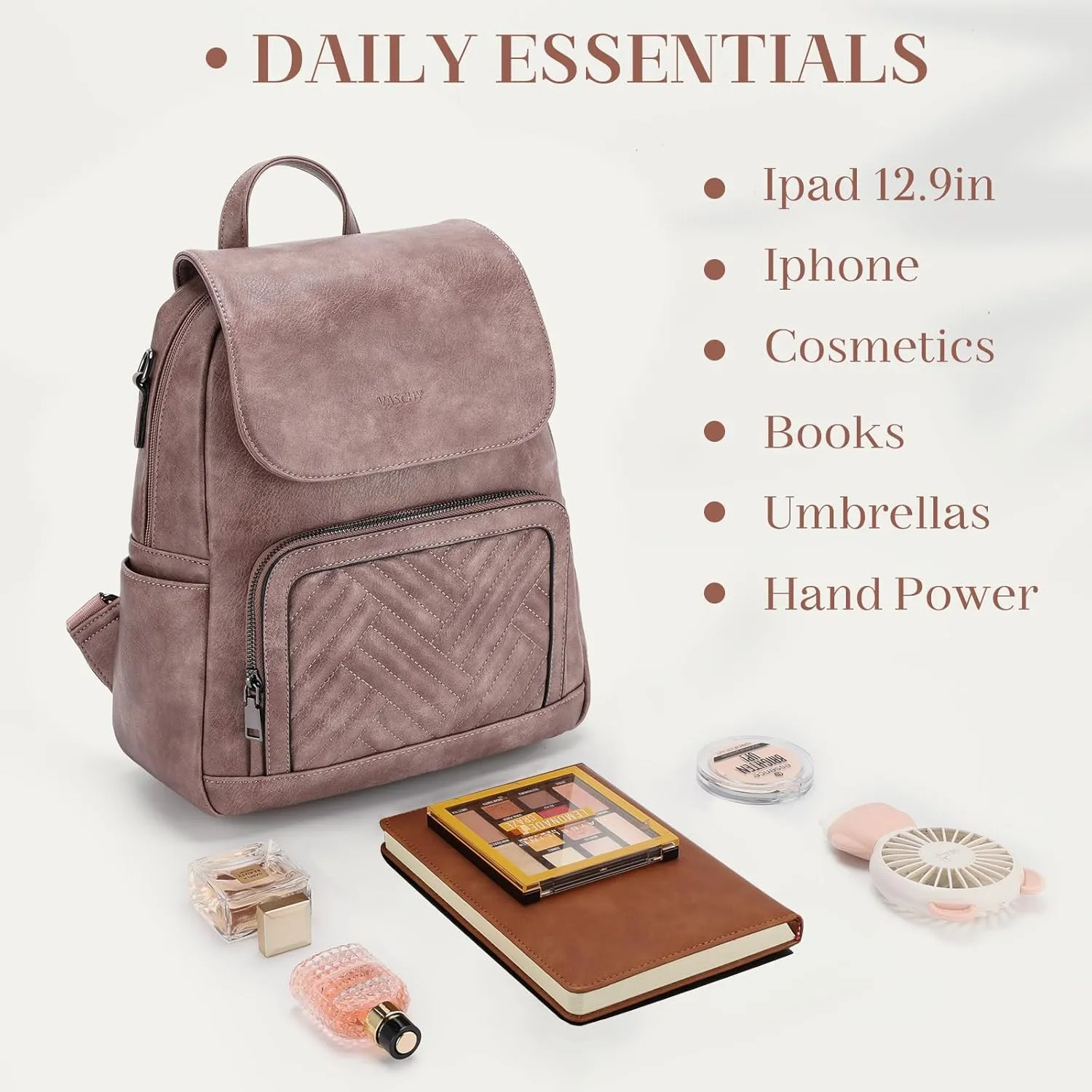 VASCHY Backpack Purse for Women, Chevron Quilted Vegen Leather Flap Backpack Convertible Handbag for Ladies with Guitar Strap Pink