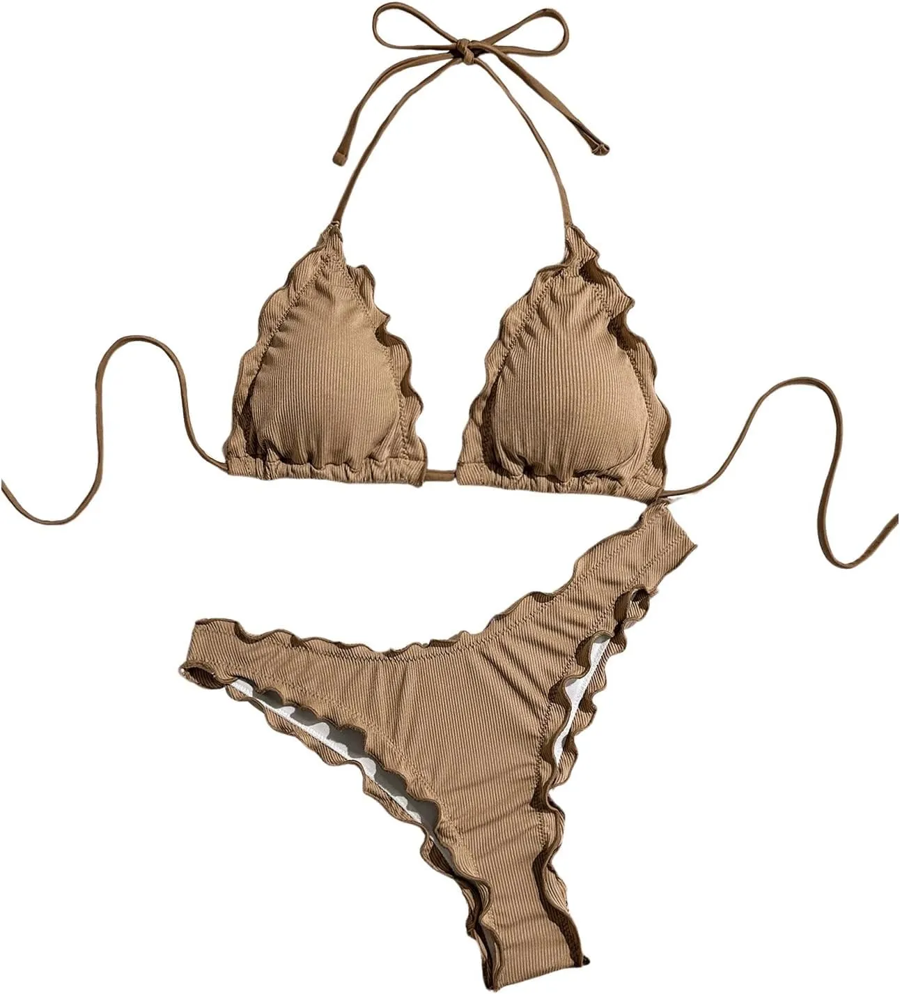Verdusa Women's Bikini Sets Halter String Cute Bow Tie Side Frill Trim 2 Piece Swimsuits Bathing Suits