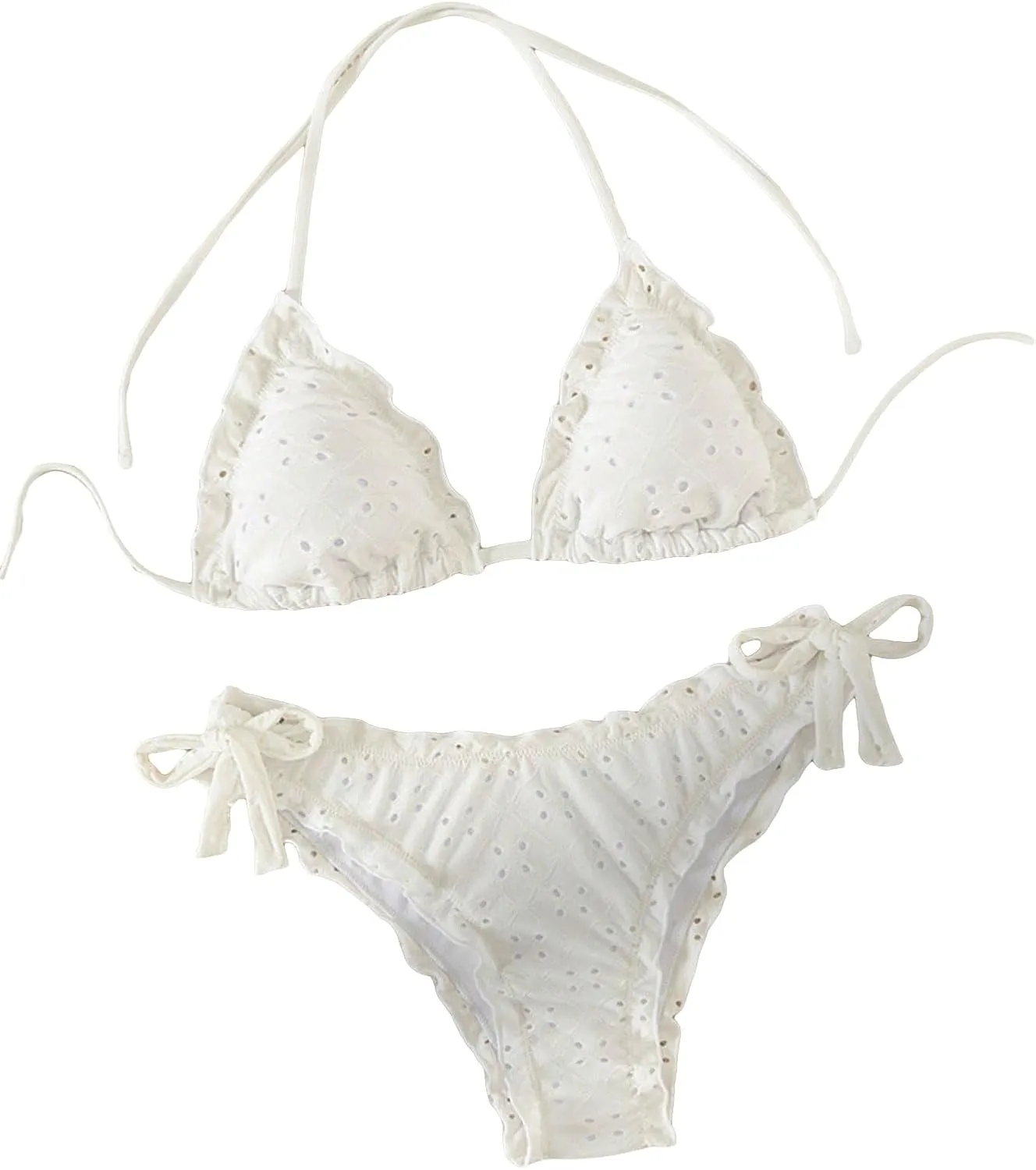 Verdusa Women's Bikini Sets Halter String Cute Bow Tie Side Frill Trim 2 Piece Swimsuits Bathing Suits