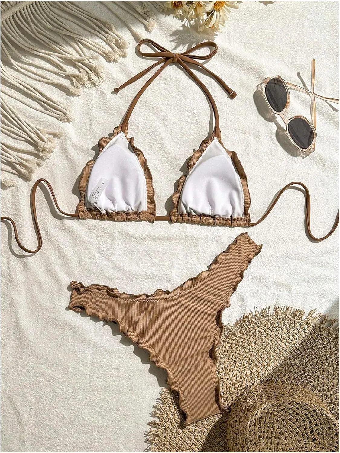 Verdusa Women's Bikini Sets Halter String Cute Bow Tie Side Frill Trim 2 Piece Swimsuits Bathing Suits