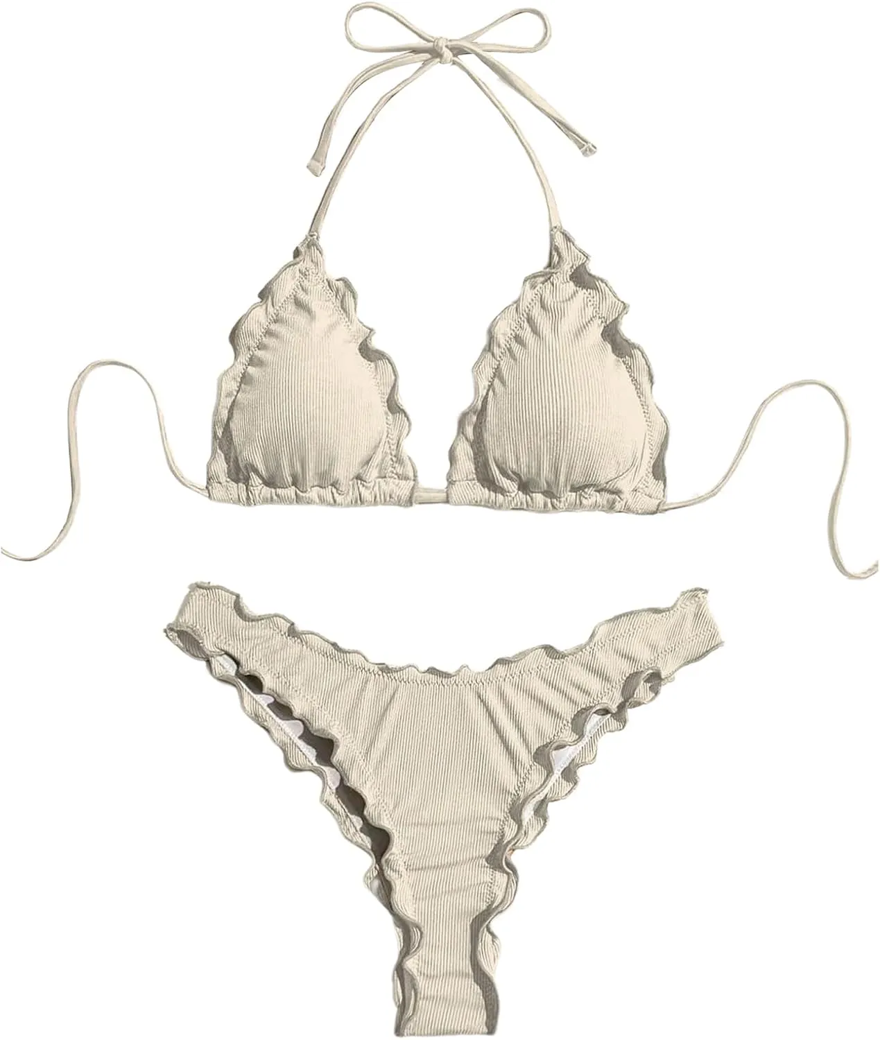 Verdusa Women's Bikini Sets Halter String Cute Bow Tie Side Frill Trim 2 Piece Swimsuits Bathing Suits