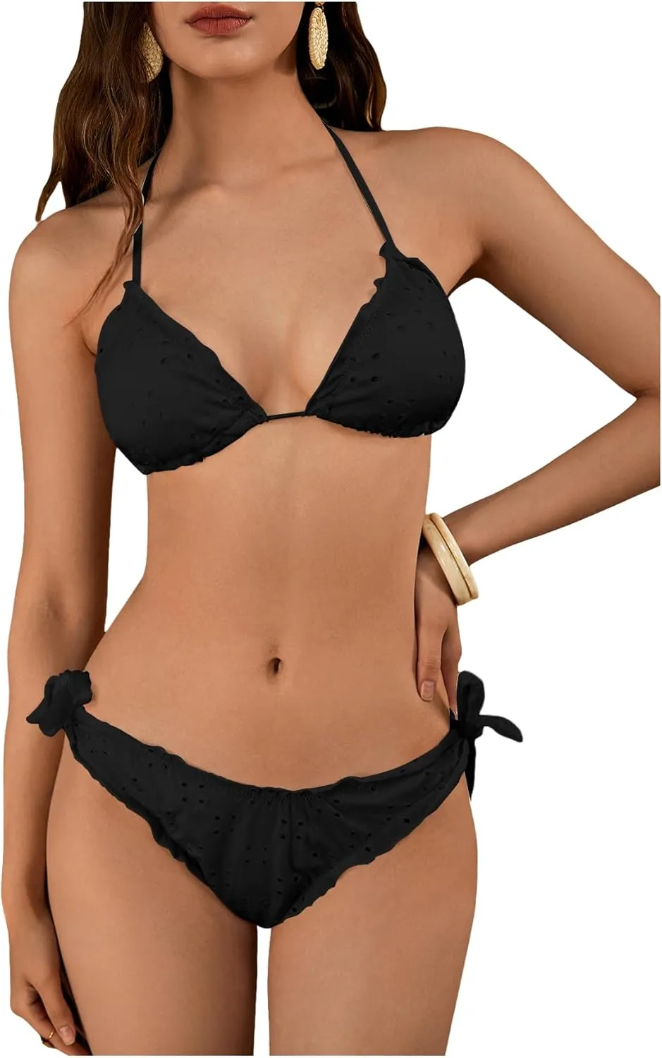 Verdusa Women's Bikini Sets Halter String Cute Bow Tie Side Frill Trim 2 Piece Swimsuits Bathing Suits