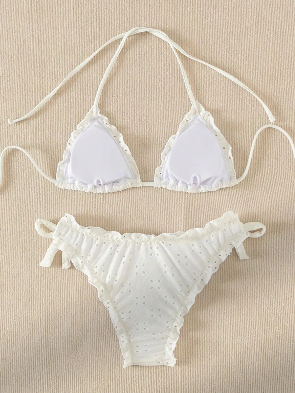 Verdusa Women's Bikini Sets Halter String Cute Bow Tie Side Frill Trim 2 Piece Swimsuits Bathing Suits