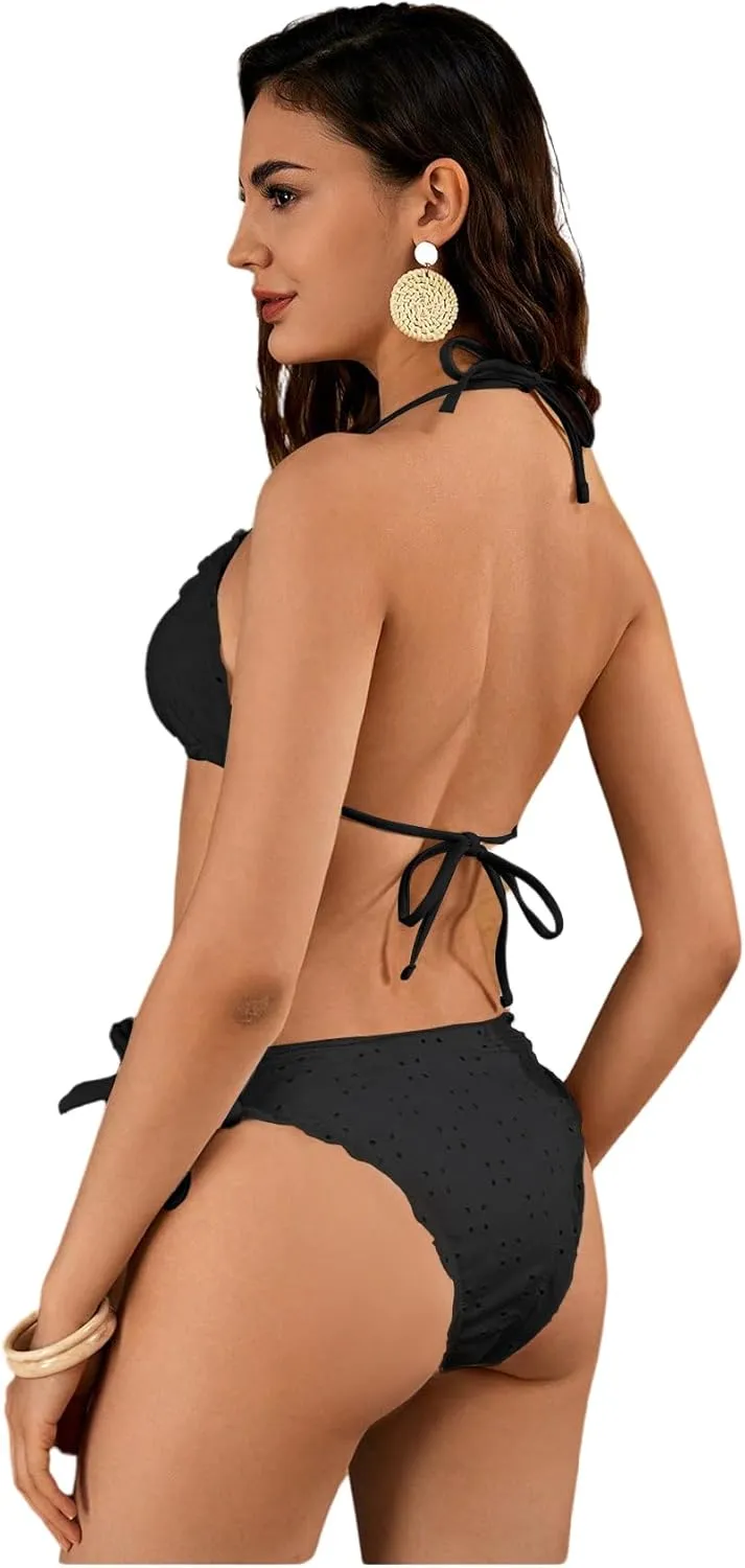 Verdusa Women's Bikini Sets Halter String Cute Bow Tie Side Frill Trim 2 Piece Swimsuits Bathing Suits
