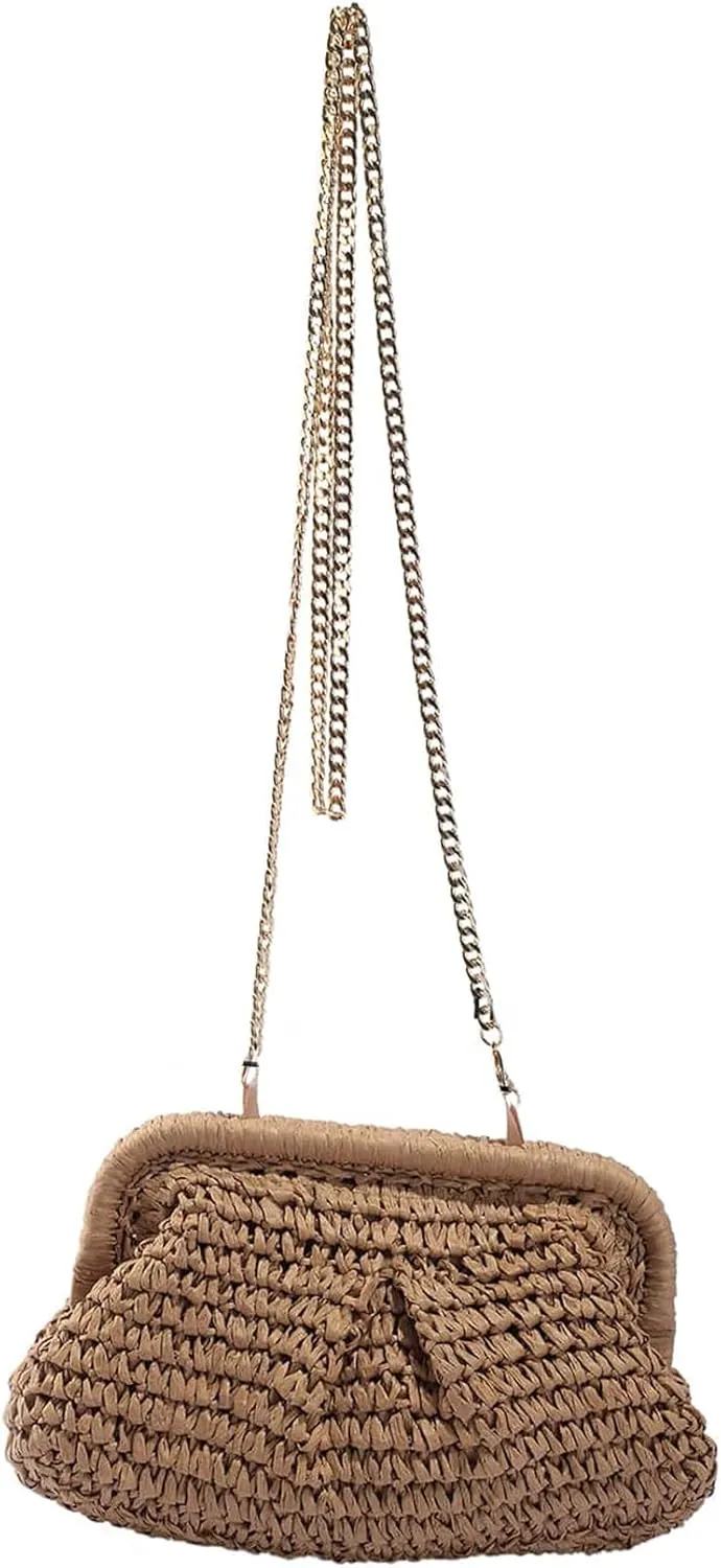 Verdusa Women's Straw Clutch Handbags Cloud Dumpling Woven Purse with Chain Strap