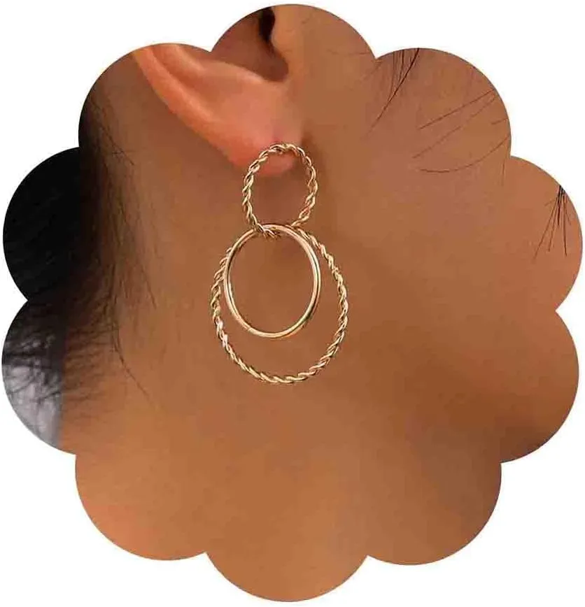 Vintage Hollow Circle Dangle Earrings Layer Circle Drop Earrings Stacked Circle Earrings Gold Textured Hoop Earrings Jewelry for Women