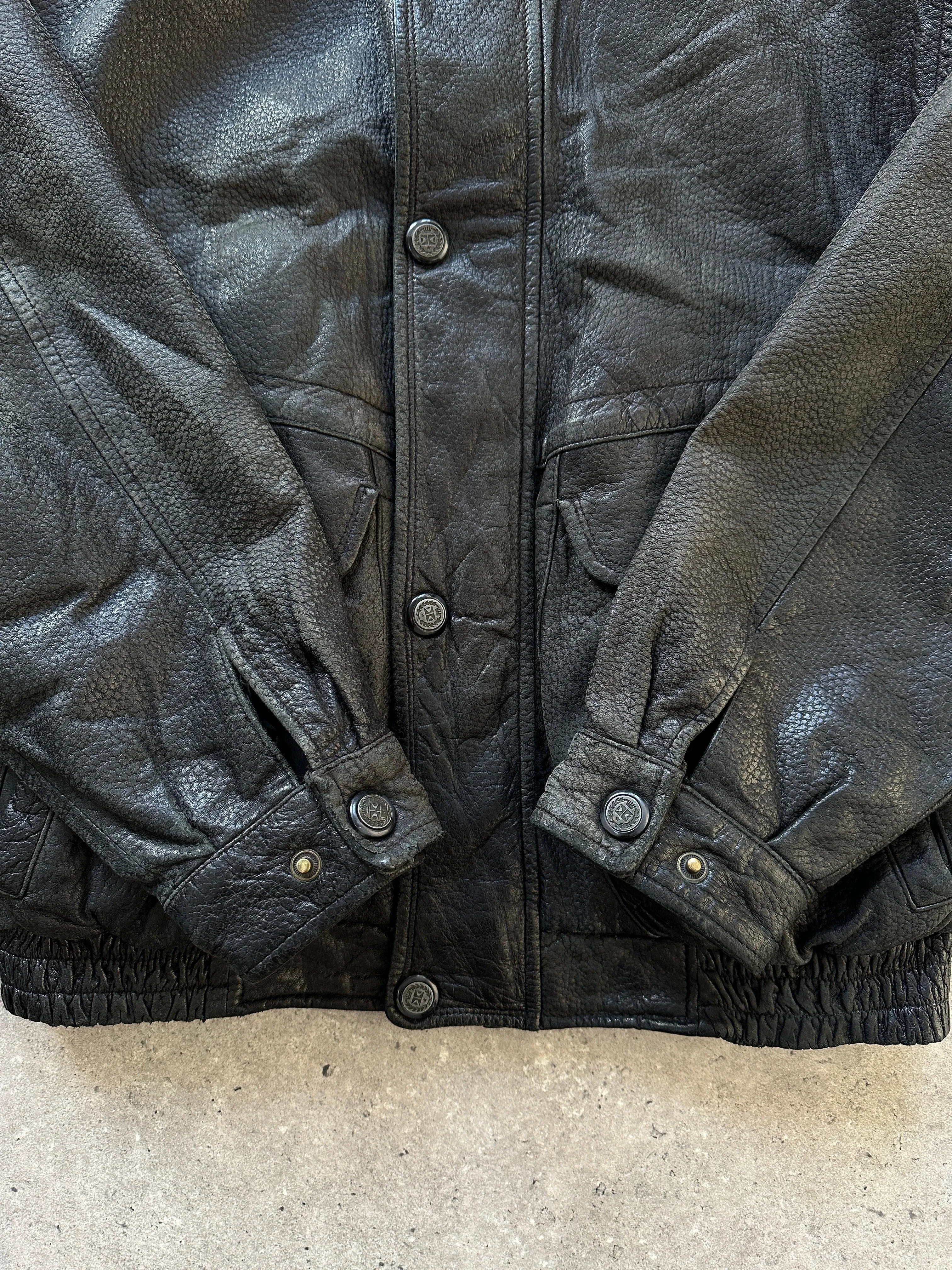 Vintage Textured Leather Bomber Jacket - M/L
