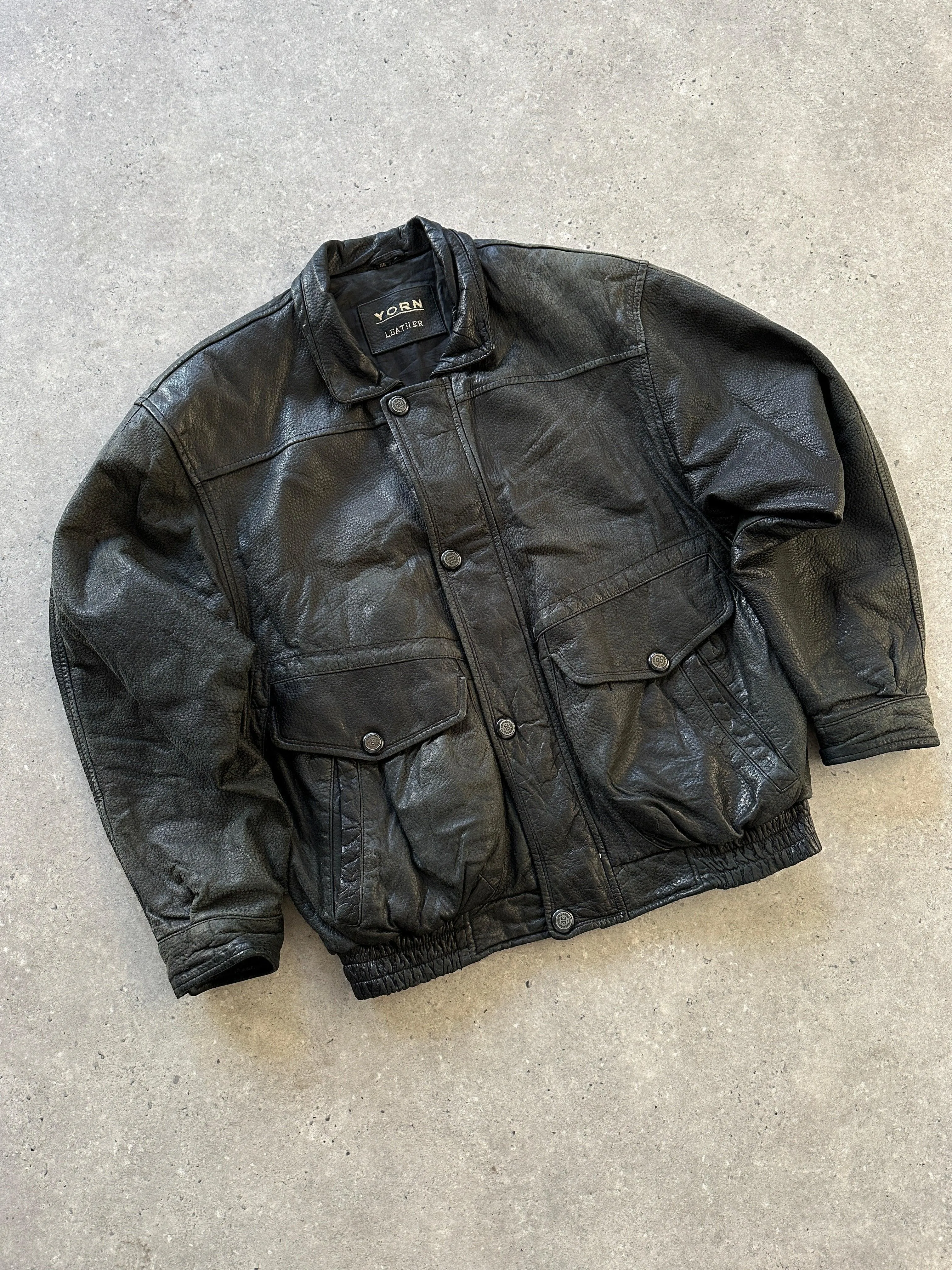 Vintage Textured Leather Bomber Jacket - M/L