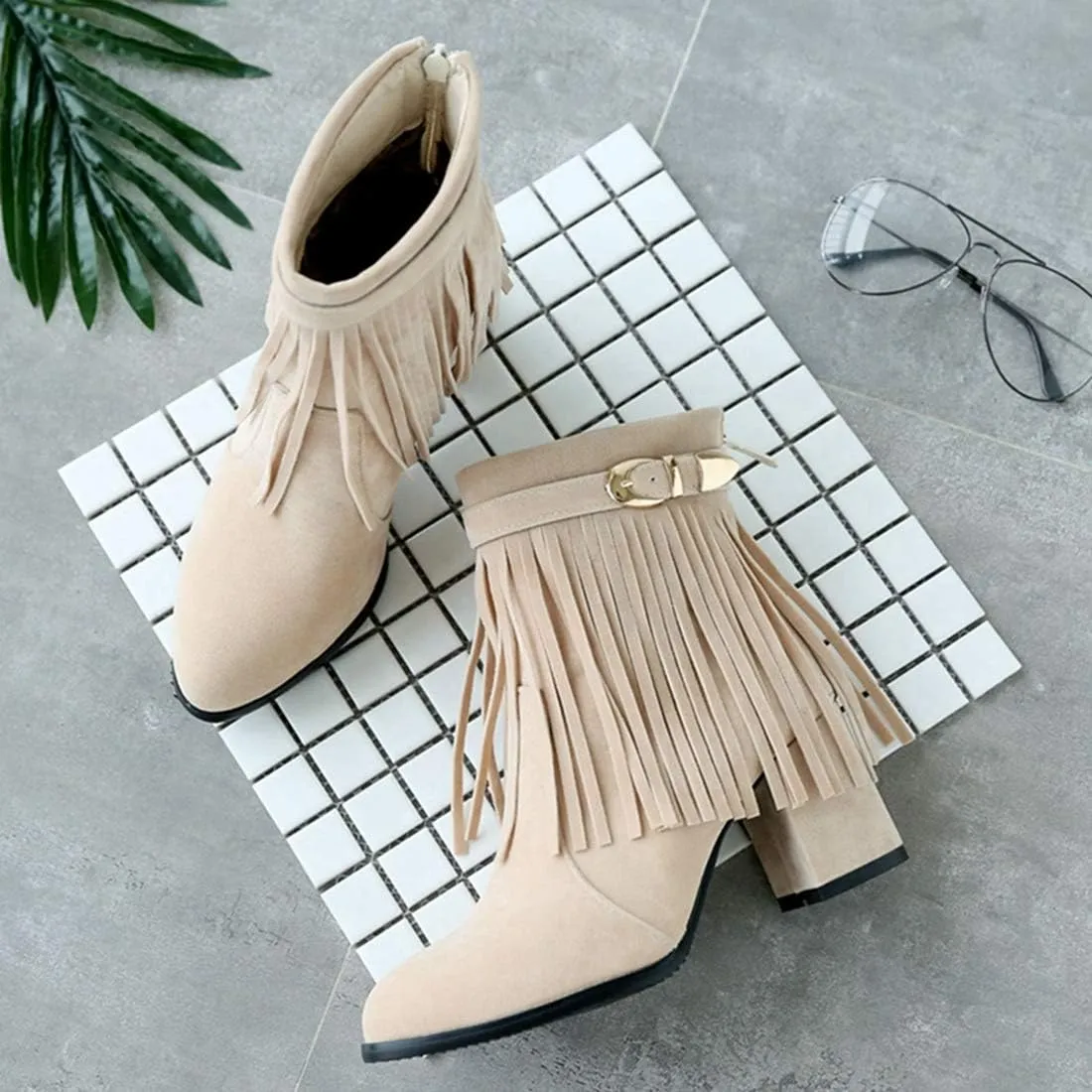 VOKLIN Women's Fringed Dress Ankle Boots Round Toe Buckle Zipper Chunky Block High Heel Tassel Short Booties