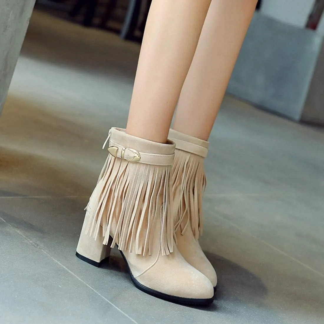 VOKLIN Women's Fringed Dress Ankle Boots Round Toe Buckle Zipper Chunky Block High Heel Tassel Short Booties
