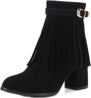 VOKLIN Women's Fringed Dress Ankle Boots Round Toe Buckle Zipper Chunky Block High Heel Tassel Short Booties