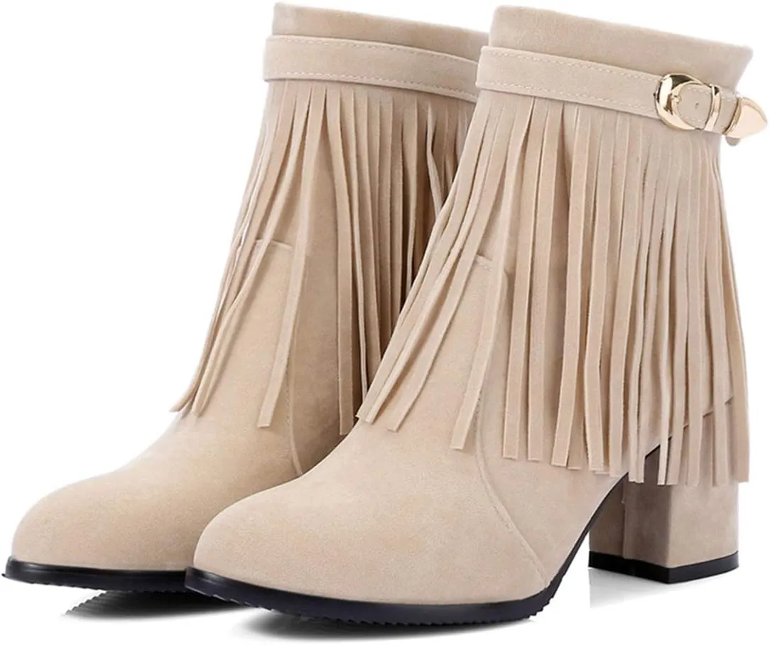 VOKLIN Women's Fringed Dress Ankle Boots Round Toe Buckle Zipper Chunky Block High Heel Tassel Short Booties