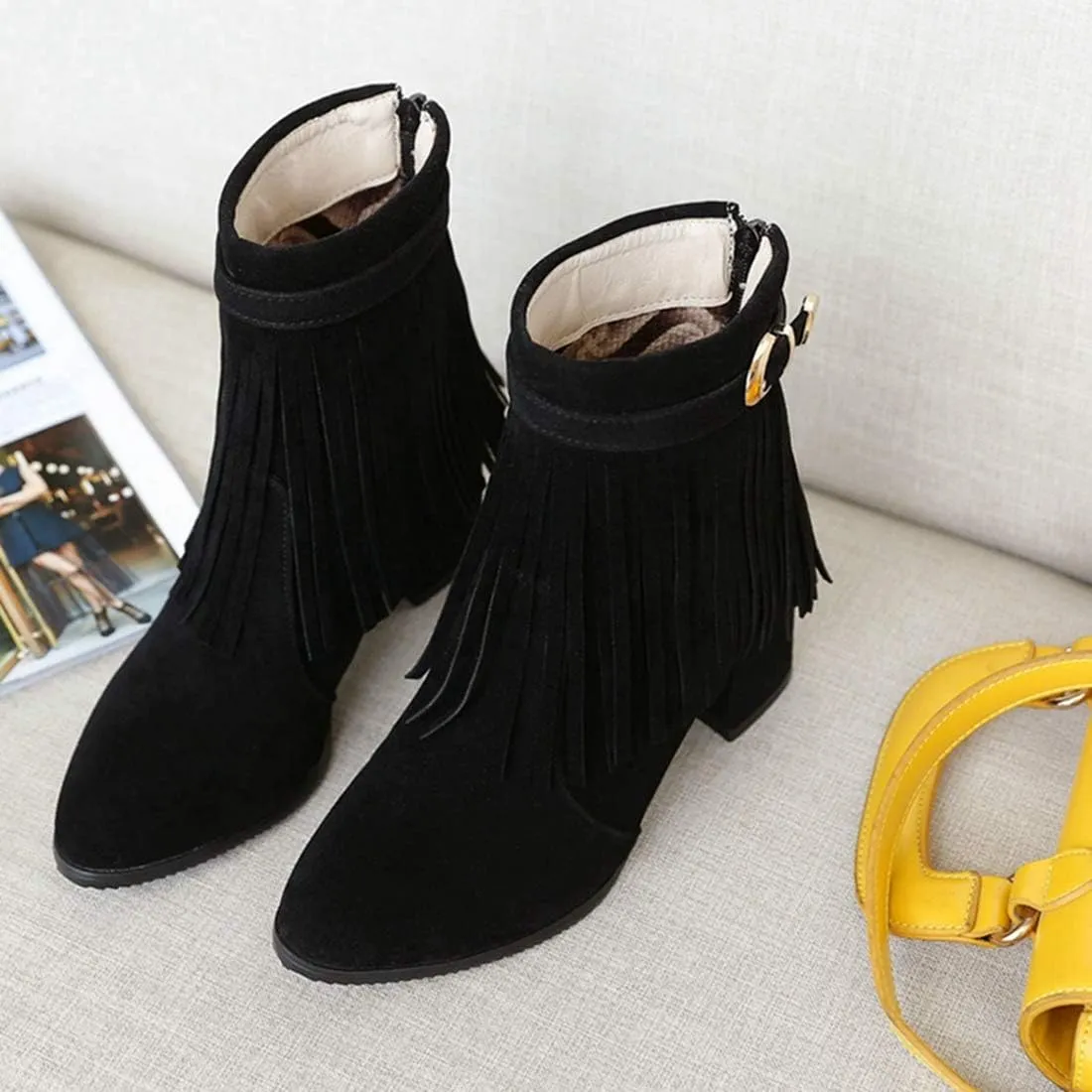 VOKLIN Women's Fringed Dress Ankle Boots Round Toe Buckle Zipper Chunky Block High Heel Tassel Short Booties
